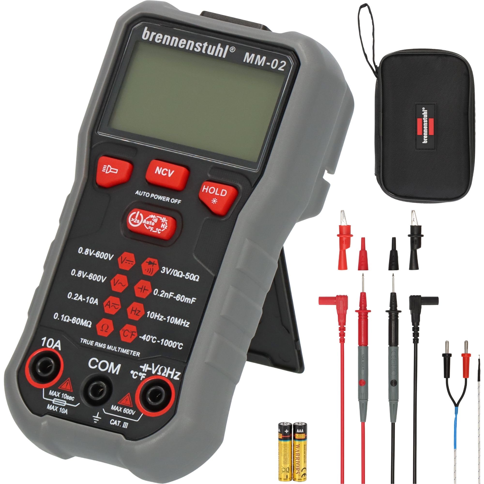 Brennenstuhl Multimeter MM-02 mit automatischer Messbereichsanpassung | AC/DC-Spannung, AC/DC-Strom, Widerstand, Temperatur, Diode, Durchgang, Kapazität, Frequenz und NCV, 6000 Counts, Lampe