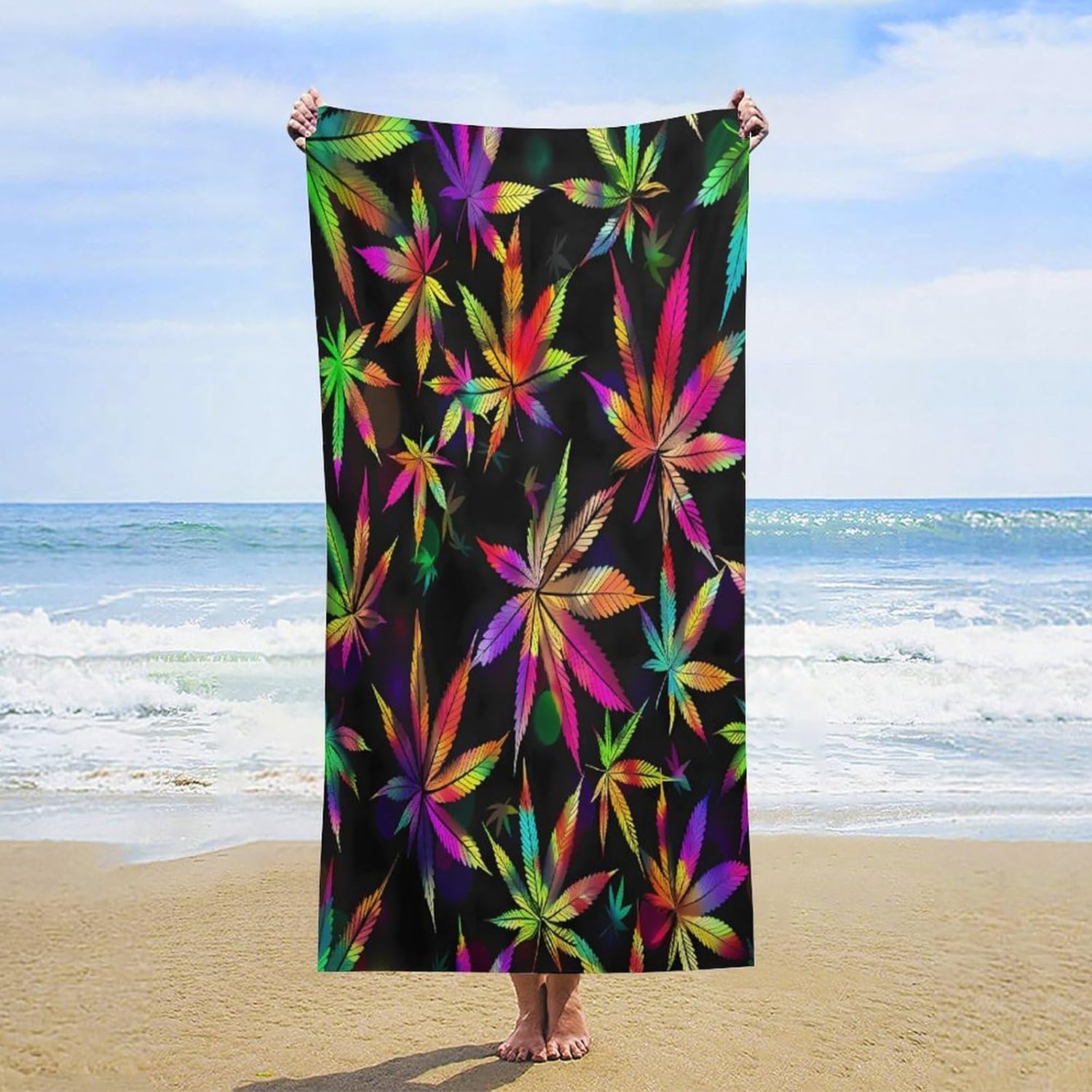 Colorful Rainbow Weed Leaves Plant Bath Towel Beach Towels Quick Dry Oversized Bath Blanket Highly Absorbent Towel for Women Men 160x80cm