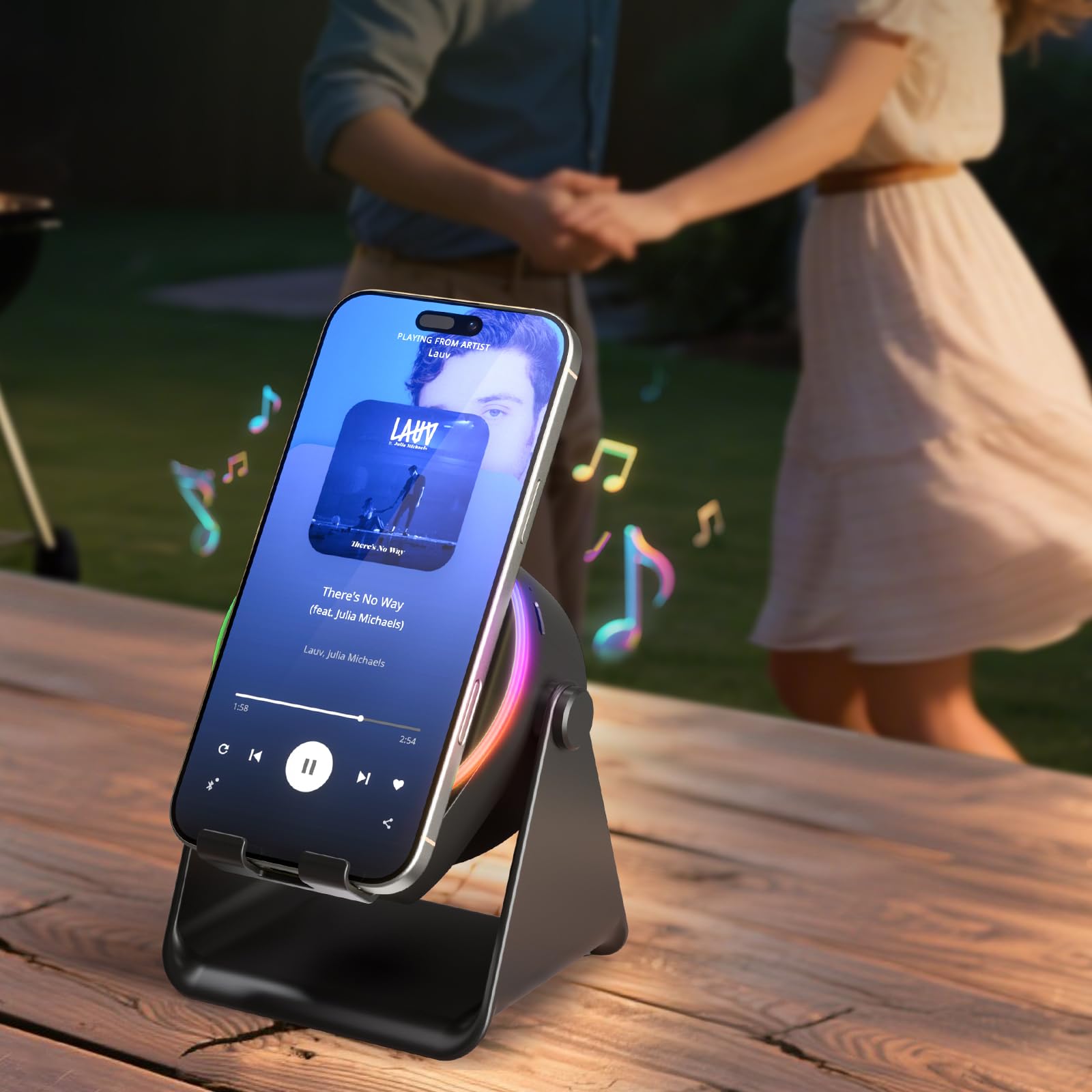 Dohelly Wireless Induction Speaker, Cell Phone Stand with Bluetooth Speaker, Stereo Sound, RGB Ambient Light, Phone Holder Compatible with iPhone/iPad/Android/Samsung Galaxy-Black