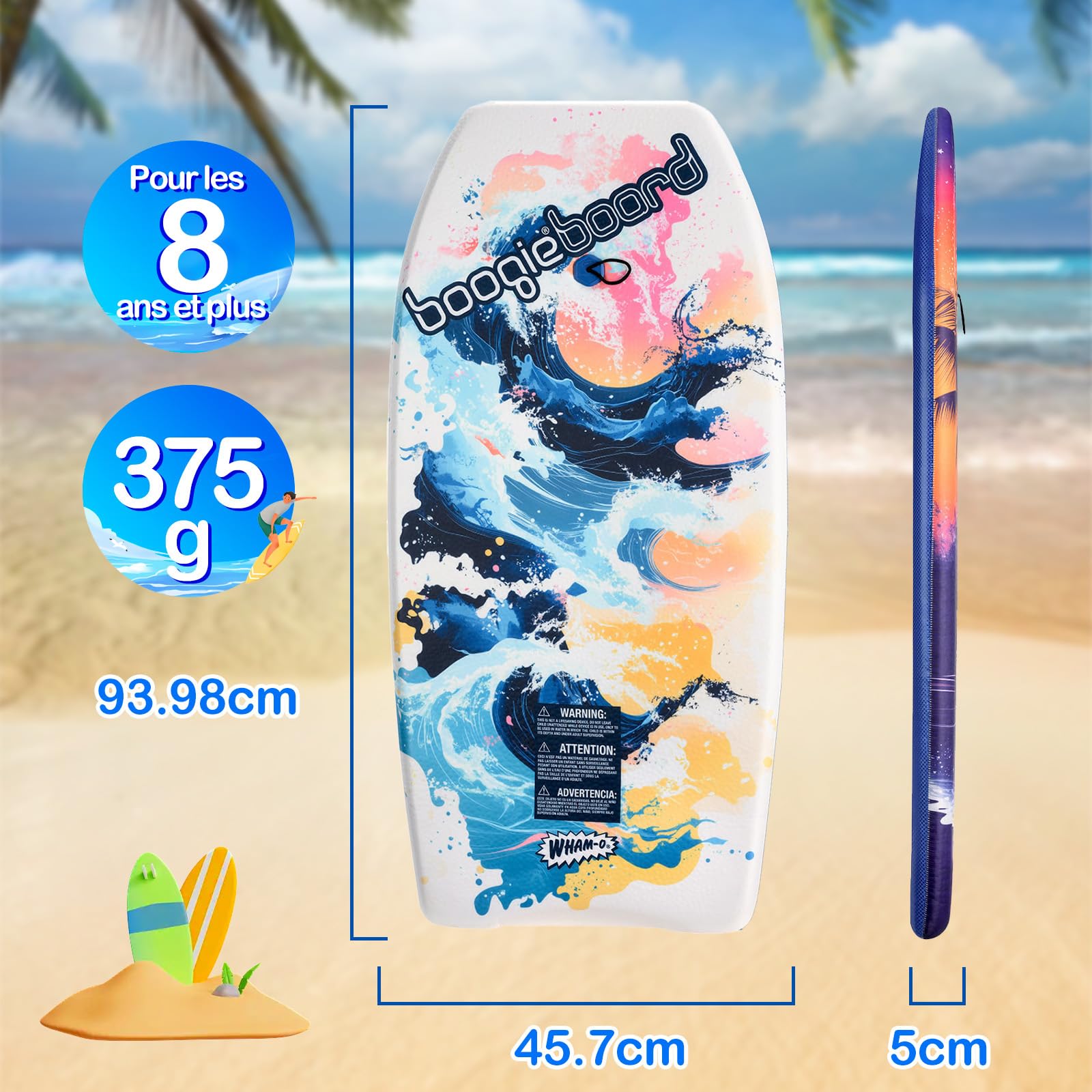 Wham-O Bodyboard Lot de 2 Planches de Natation pour Plage et Piscine - Planche de Surf légère pour Enfant - 94 x 46 x 10 cm - Revêtement Fiberclad Noyau Phuzion - avec Leash pour Un Maintien sûr