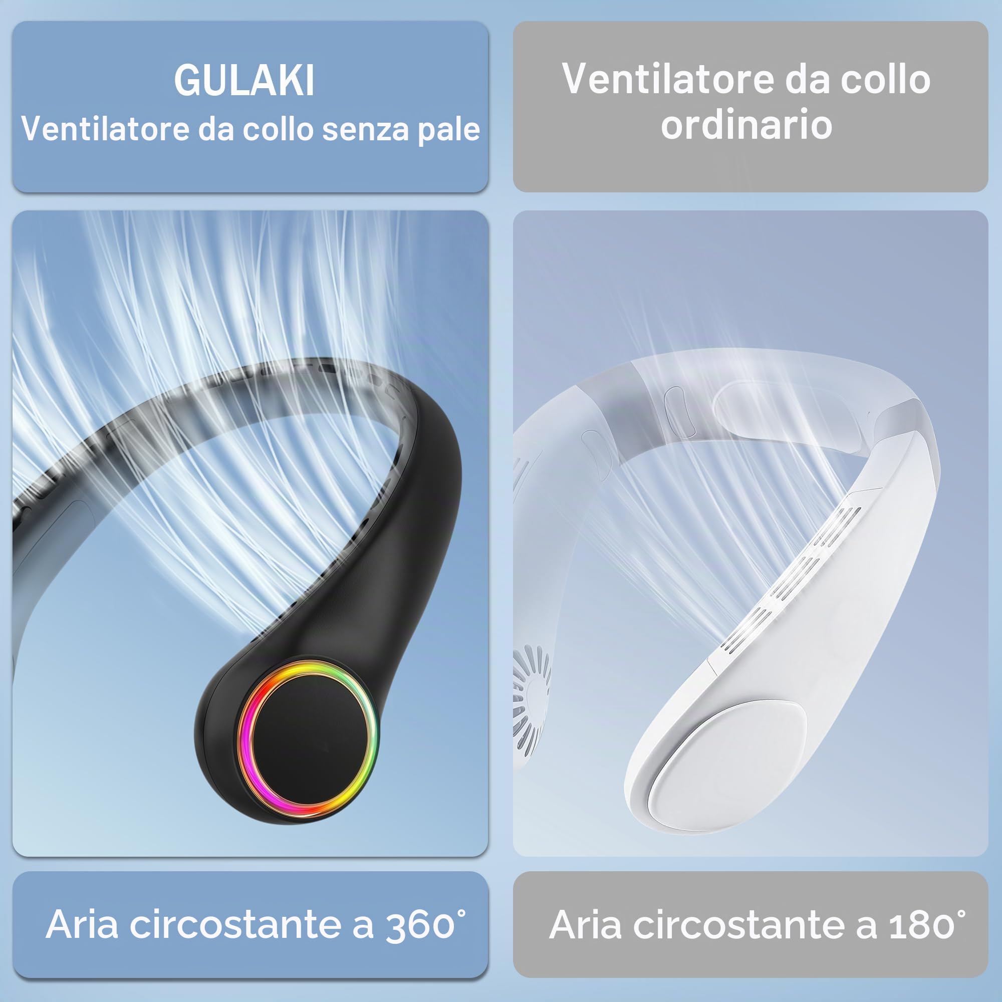 GULAKI Ventilatore da collo, portatile con durata 5-17 ore, 4000 mAh, 3 velocità, 64 luci fredde, ricaricabile, senza lama, nero