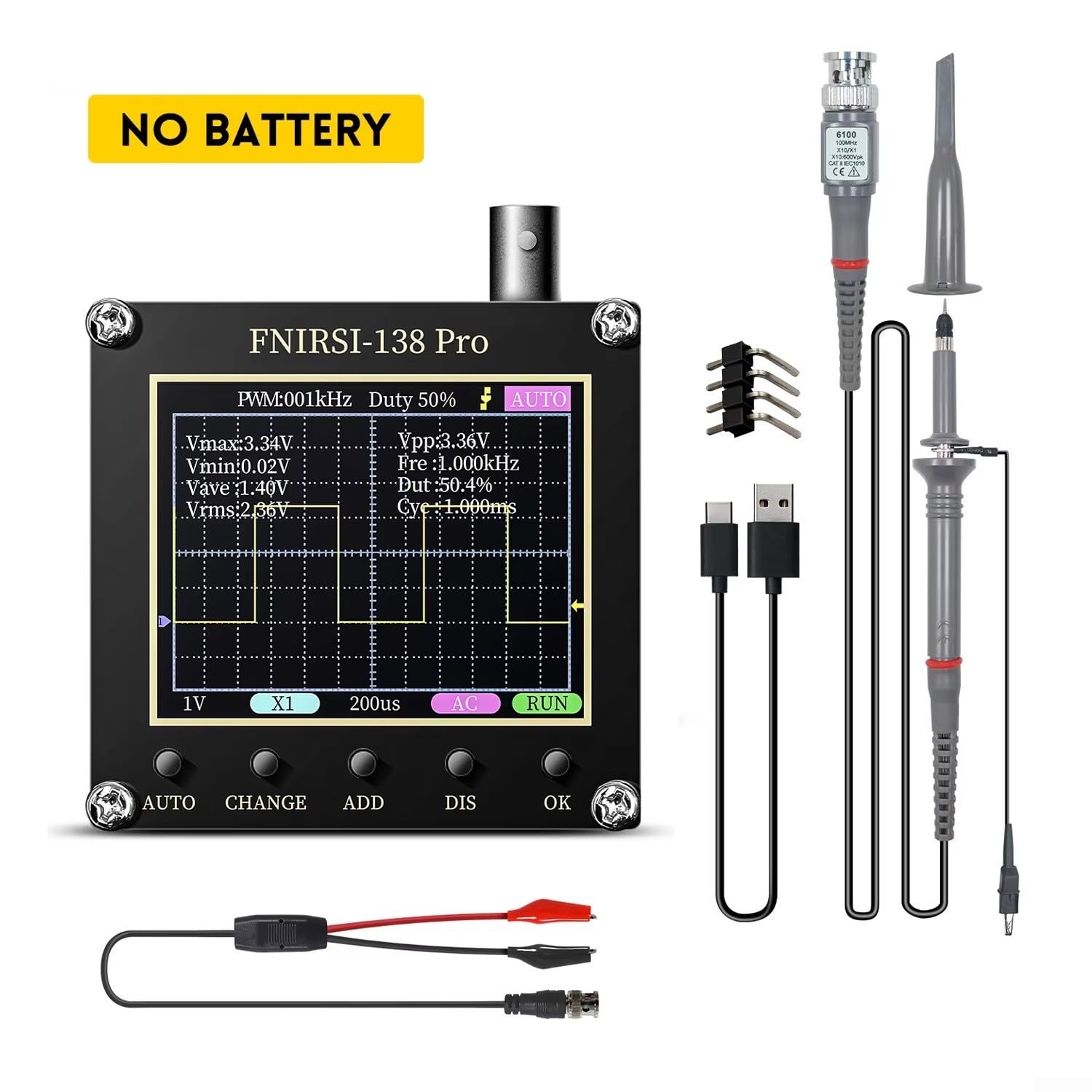 Zoegneer 138 PRO Digitales Oszilloskop, Einzelk, 2,4 Zoll LCD-Display, 200 kHz Bandbreite, 2,5 MSa/s, Abtastrate mit Typ-C-Kabel und Sonde (mit 10-fach-Sonde)