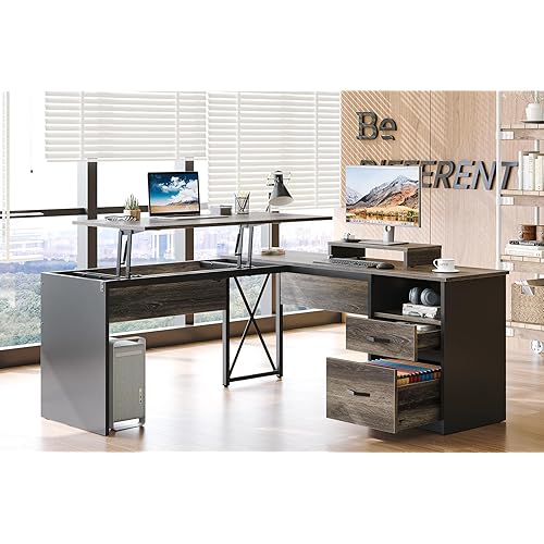 Bestier Lift Top L Shaped Desk with File Drawer, 55'' x 55'' Office Desk with Reversible Storage Drawers, L Shaped Standing Desk with Computer Monitor Stand (Retro Grey Oak Dark, 55'' x 55'')