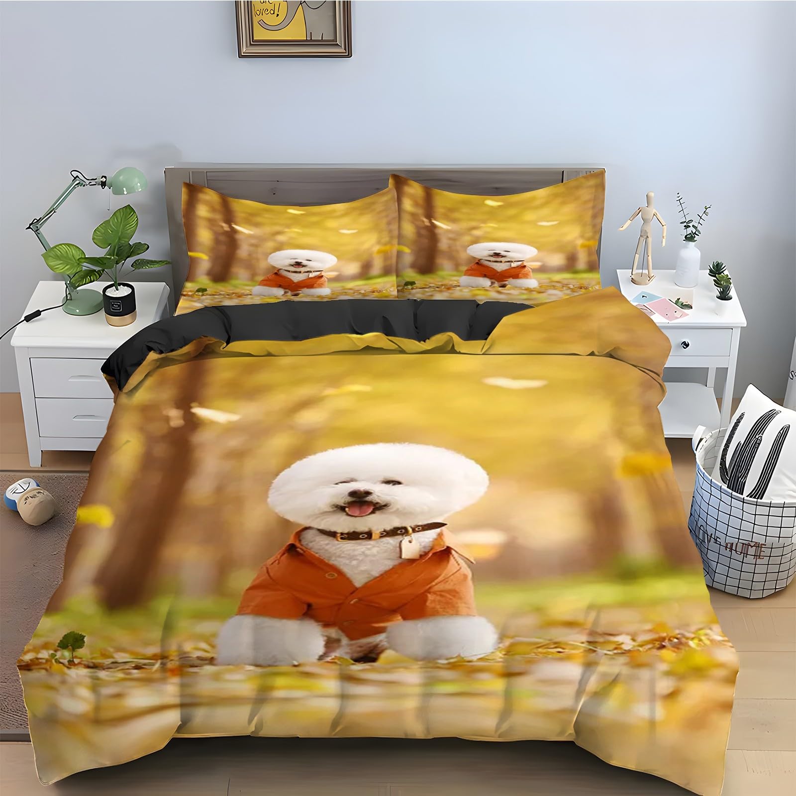 Parure de lit 90x190 frise de caniche en microfibre avec housse de couette et taies kz2690