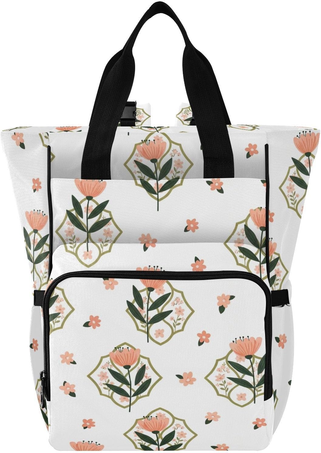 SPRIPORT Flower Leaves White Print Diaper Bag Backpack for Baby Boys Girls Multifunction Baby Essentials Travel Tote with Stroller Straps & Bottle Storage Nappy Changing Bag for Moms Dads Baby Gifts