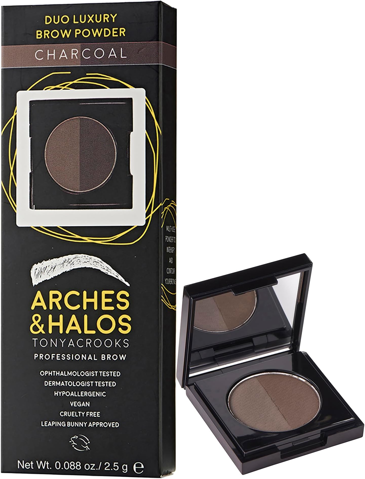 Arches & Halos Duo Luxury Brow Powder - Two-for-One Versatile Compact Powder - Get Full, Defined Brows - Vegan and Cruelty Free Makeup - Charcoal - 0.88 oz