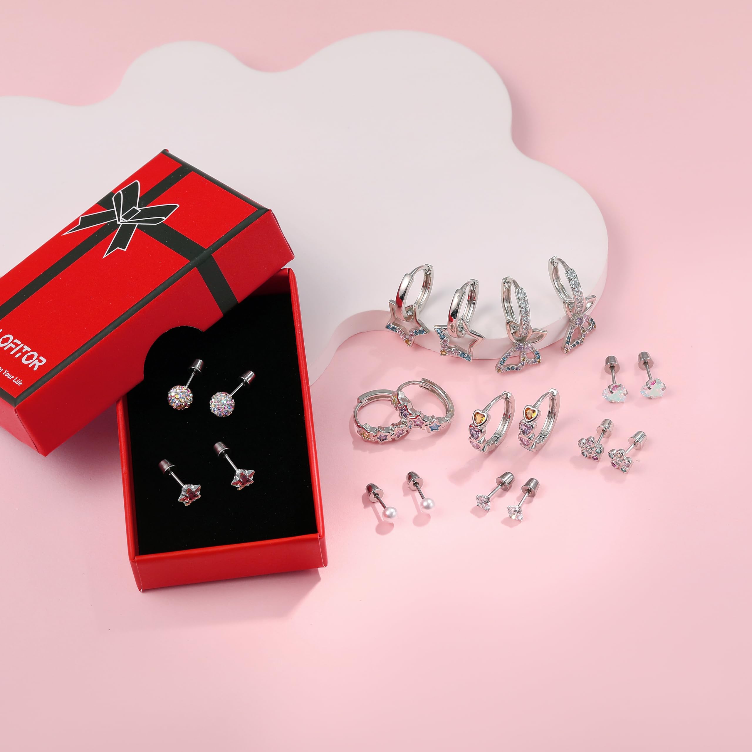 LOFITOR 10 Paar Hypoallergene Ohrringe für Damen Mädchen 316L Chirurgenstahl Medizinische Ohrstecker Creolen Hängende Set Schmetterling Blume Herz Stern Kinder Edelstahl Ohrringe Mädchen Set