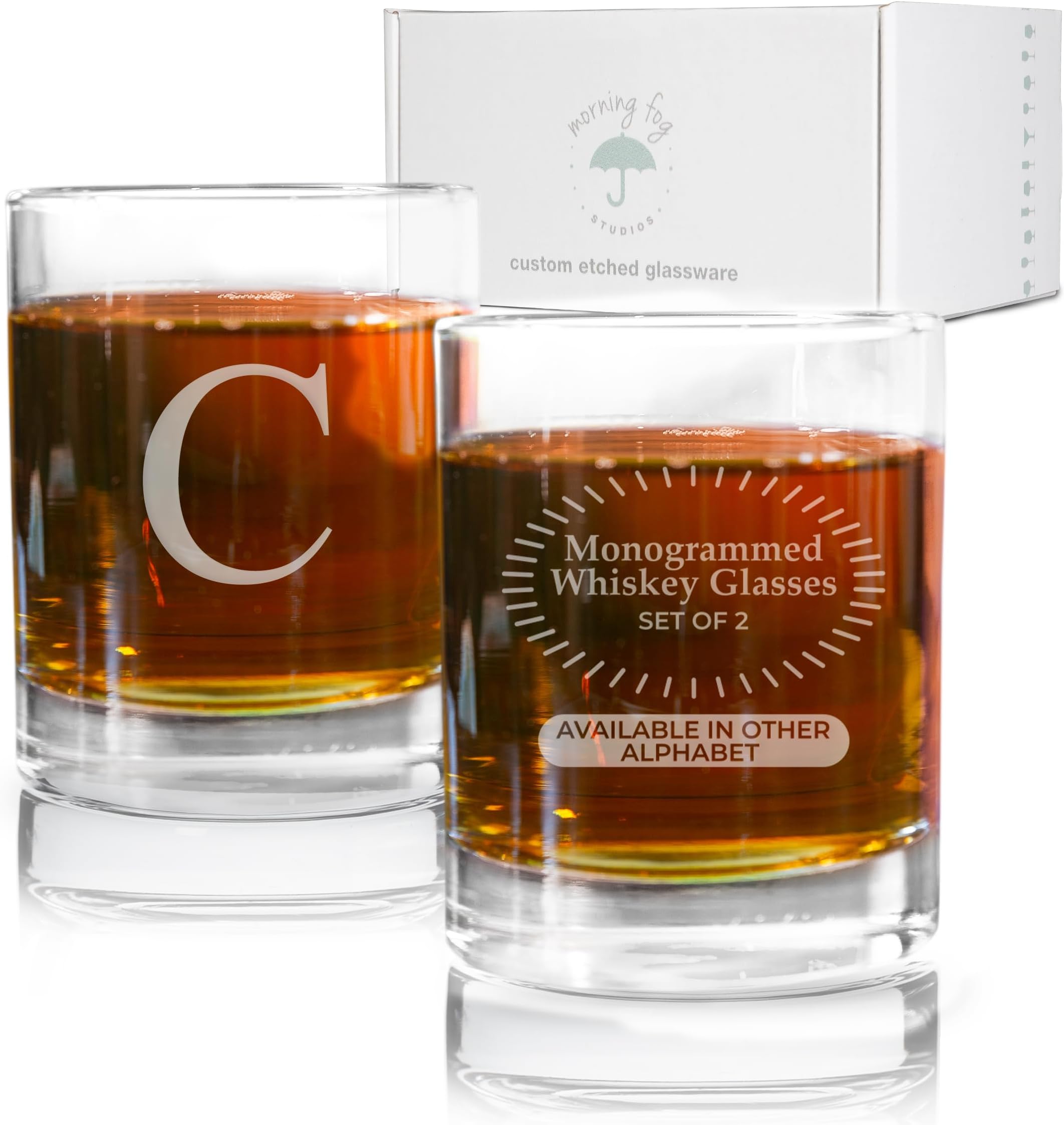 Personalized Whiskey Glasses Set of 2, Engraved Monogram Old Fashioned Bourbon Glassware, 12.5 oz, Ideal for Men, Gifts, Birthday, Anniversary, Christmas, Groomsmen, (C)