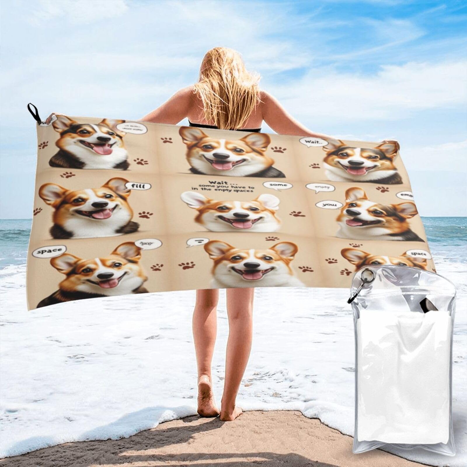 Anceky Digital Illustrations of A Corgi'S Expressions Quick Dry Microfiber Travel Towel with Carry Case and Carabiner 27.5"X55"