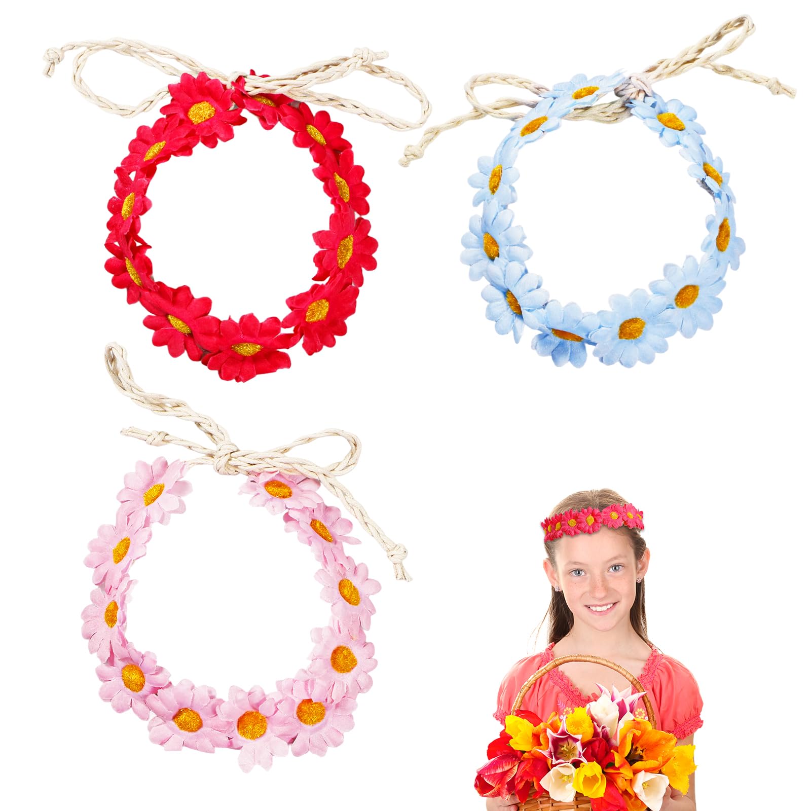 3Pcs Daisy Flower Headband, Multicolour Flower Hair Wreaths, Crown Boho Floral Headband