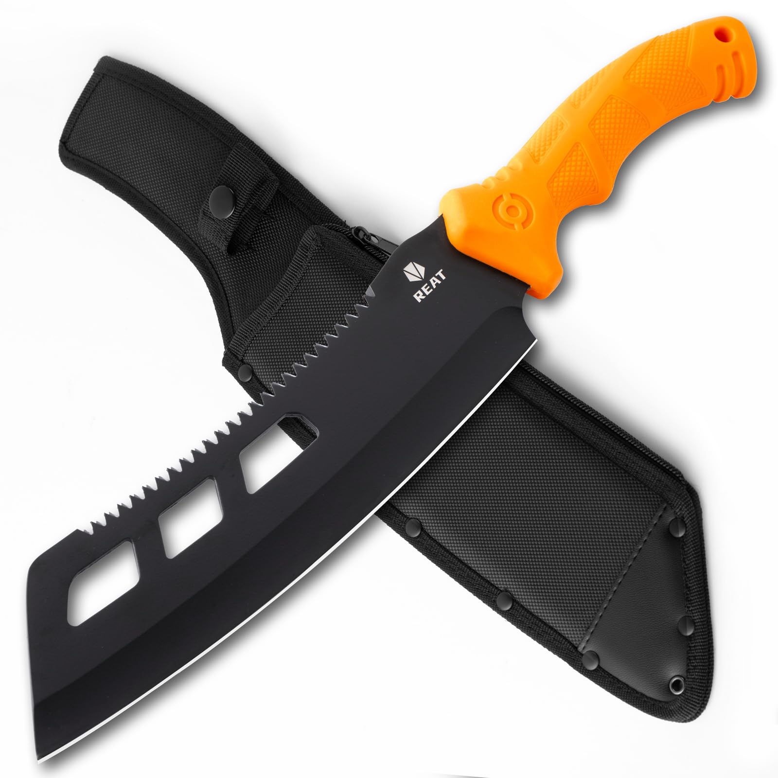 REAT Machete with Saw,16" Heavy Duty Machete with Sheath, Dual-Purpose Gardening Machete Knife for Chopping and Sawing,Ergonomic No-Slip Handle