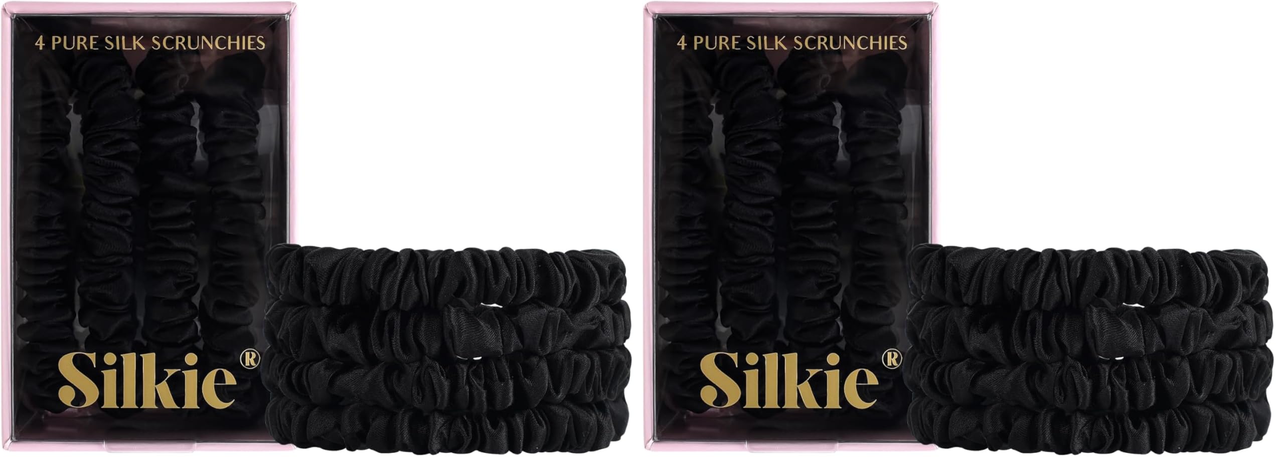 SILKIE 4er-Set 100% reine Maulbeerseide schwarze dünne Haargummis mit Reisebeutel, Haargummis für jeden Tag, Haarpflege, Pferdeschwanzhalter, ohne Haarschäden (Noir) (Packung mit 2)