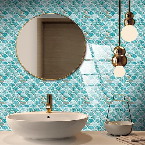 Miniatura 9 de Lukery 25 hojas de azulejos de despegar y pegar, impermeables, contra salpicaduras para cocina, escamas de peces 3D, azulejos autoadhesivos,