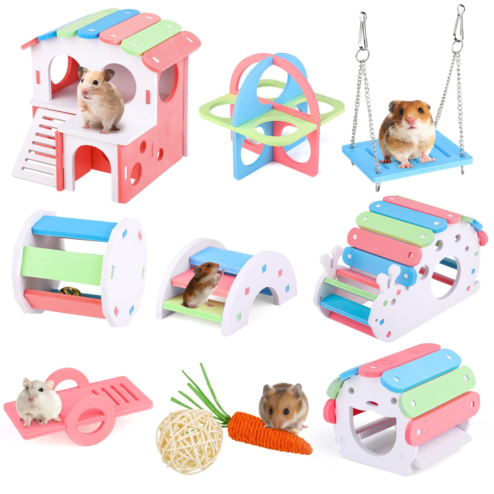 MCEAST 10-teiliges lustiges Hamsterspielzeug-Set beinhaltet DIY Holz Rennmäuse Versteck Hamsterhaus Regenbogen Brücke Wippe Schaukel Roller Haustier Übung Kauspielzeug Meerschweinchen Käfig Zubehör