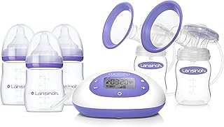 Lansinoh Oh Baby - Kit básico para recién nacidos, extractor de leche eléctrico doble Signature Pro con bridas de 0.98 pulgadas, 2 biberones + 3 biberones anticólicos de 5 onzas con pezones de