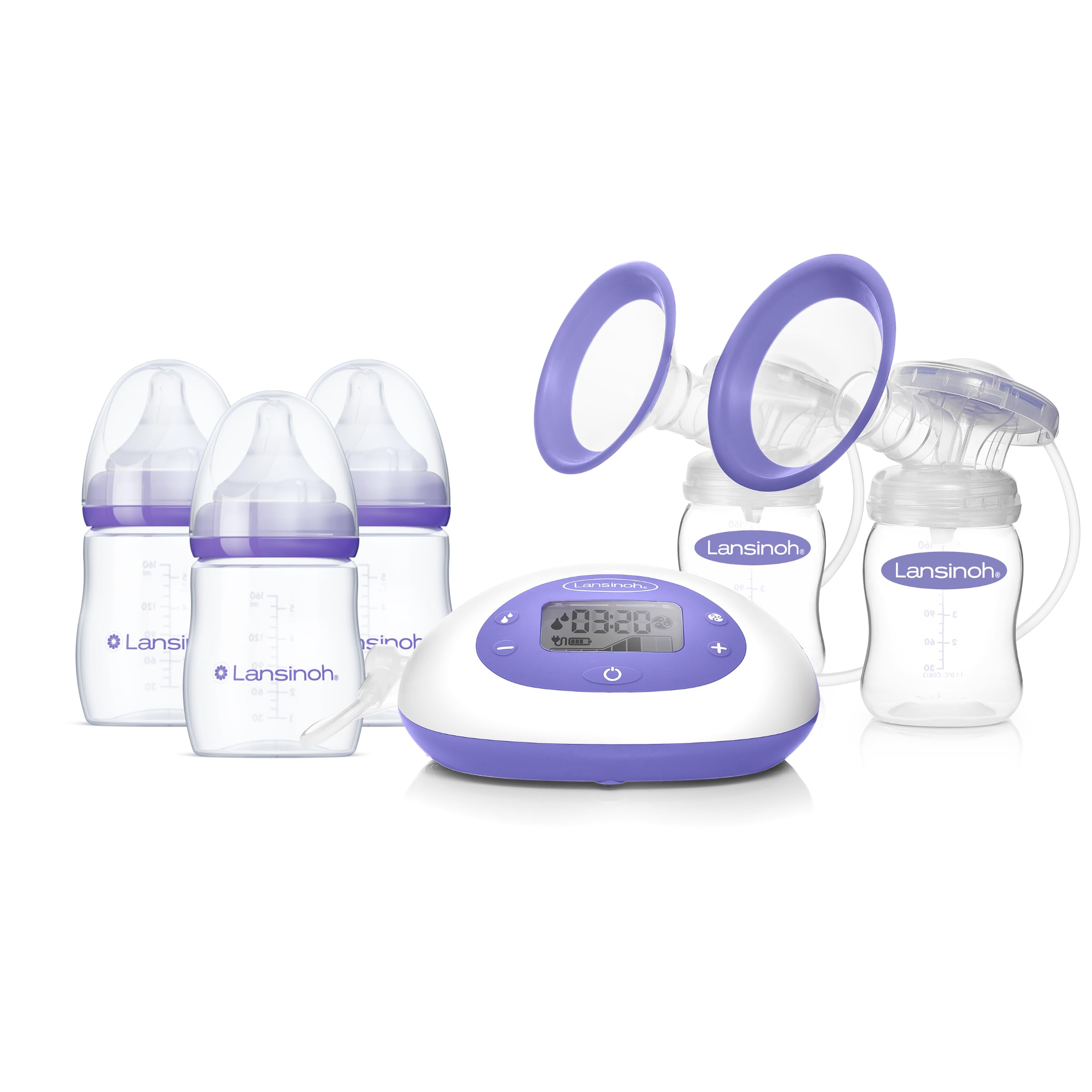 Lansinoh Oh Baby Newborn Essentials Kit – Signature Pro Double Electric Breast Pump with 25mm Flanges, 2 Feeding Bottles + 3 Count 5 oz Anti-Colic Baby Bottles with Slow Flow Silicone Nipples
