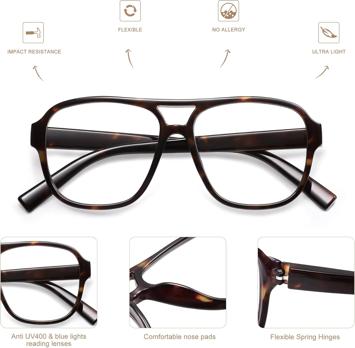 AMOMOMA 3 Pack Oversized Aviator Spring Hinge Reading Glasses for Women Men,Retro Blue Light Computer Reader Frame AM6081 - Image 5