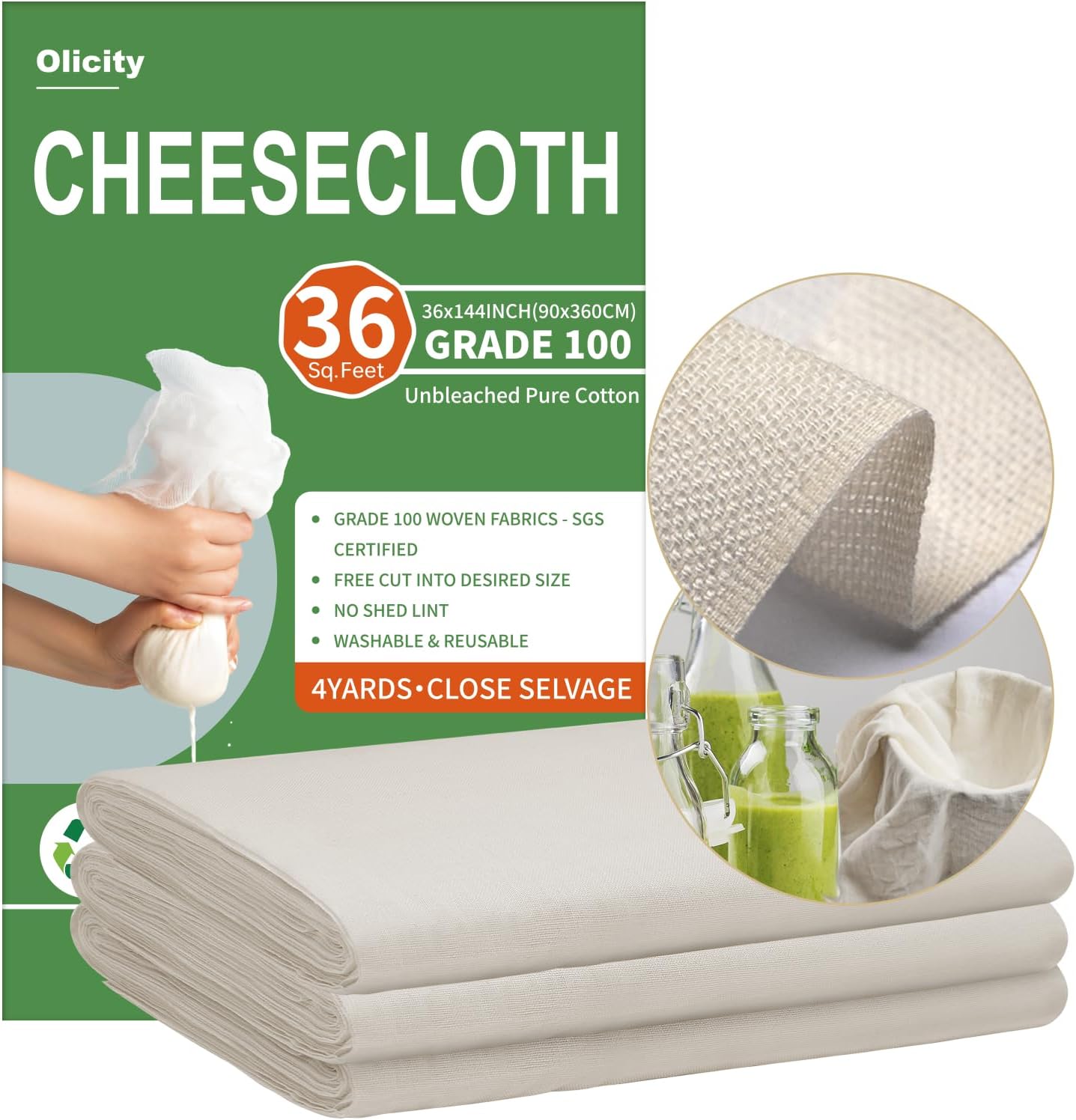 Olicity Cheese Cloths, Grade 100, 36 Sq Feet, Reusable Cheese Cloth with Closed Edges Fabric Fine Mesh Cloth, Unbleached Cotton Muslin Cheesecloth for Straining,Bread,Tea,Crafts,Free Cutting – 4 Yards Olicity Cheese Cloths, Grade 100, 36 Sq Feet, Reusable Cheese Cloth with Closed Edges Fabric Fine Mesh Cloth, Unbleached Cotton Muslin Cheesecloth for Straining,Bread,Tea,Crafts,Free Cutting – 4 Yards