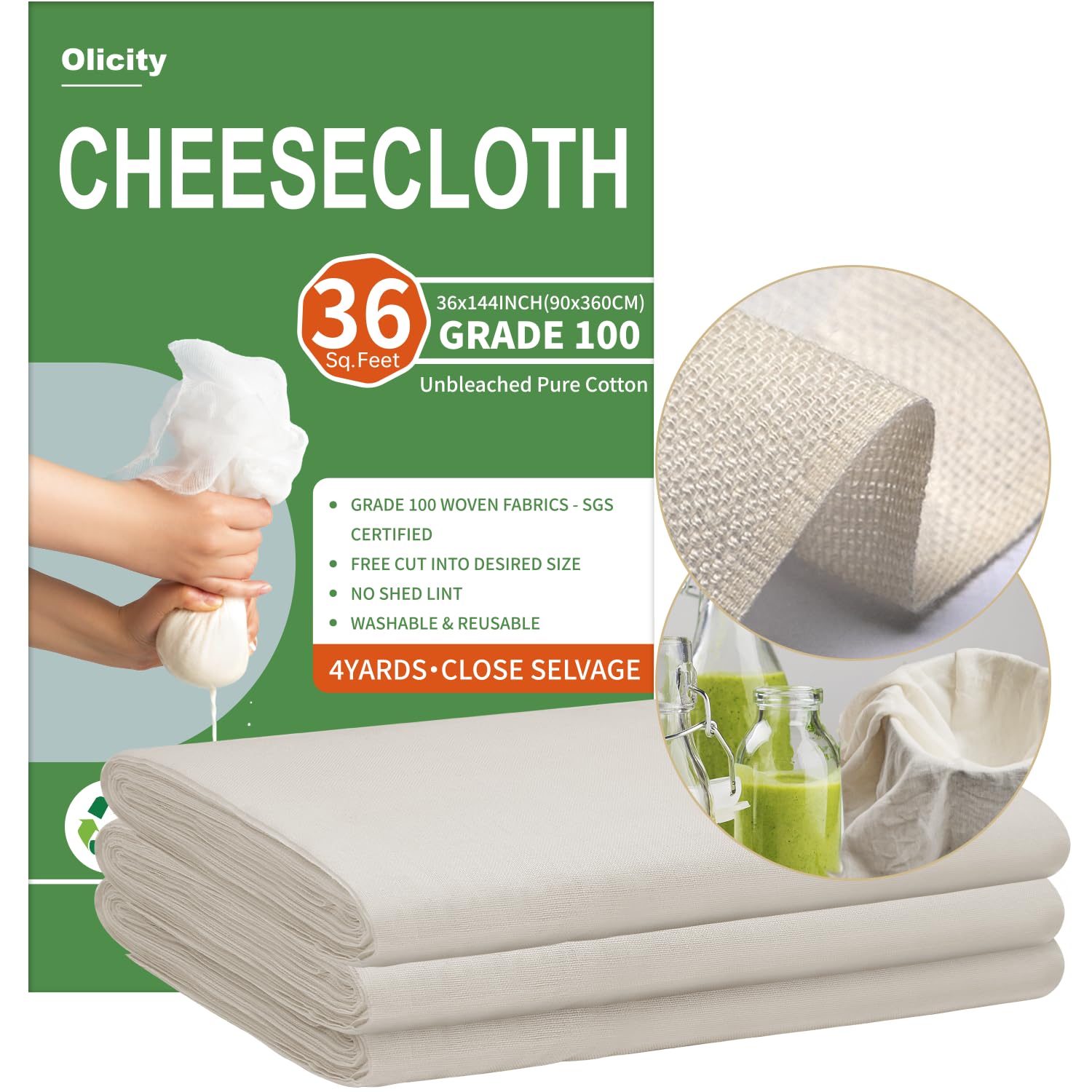 Olicity Cheese Cloths, Grade 100, 36 Sq Feet, Reusable Cheese Cloth with Closed Edges Fabric Fine Mesh Cloth, Unbleached Cotton Muslin Cheesecloth for Straining,Bread,Tea,Crafts,Free Cutting - 4 Yards