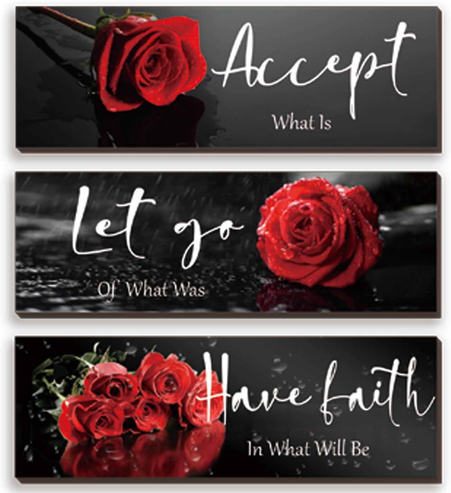 3 Pcs Red Decor Flower Inspirational Wooden Wall Art Red Roses Office Wall Decor with Accept Let Go Have Faith Positive Quotes for Girl Women Bathroom Living Room Bedroom(Red Rose12 x 4 Inch)