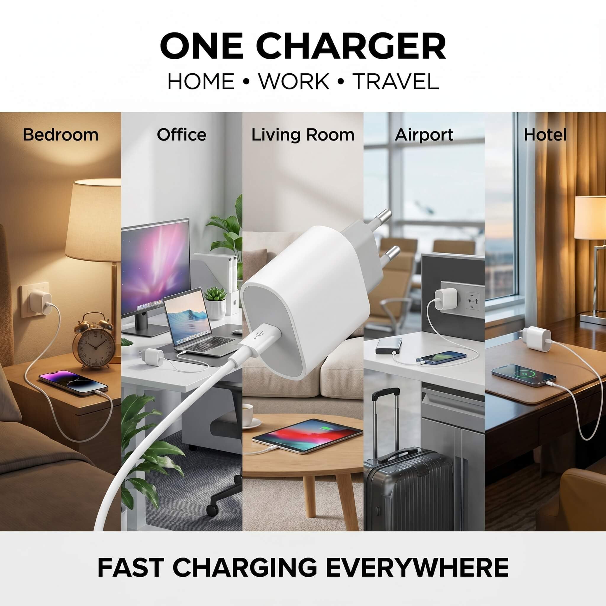 Caricabatterie USB-C da 25 W con cavo 1 m, confezione da 10, ricarica rapida PD/PPS, bianco compatto, compatibile con iPhone (17/16/15), Samsung Galaxy (S25/S24/S23/S22), Google Pixel, Huawei