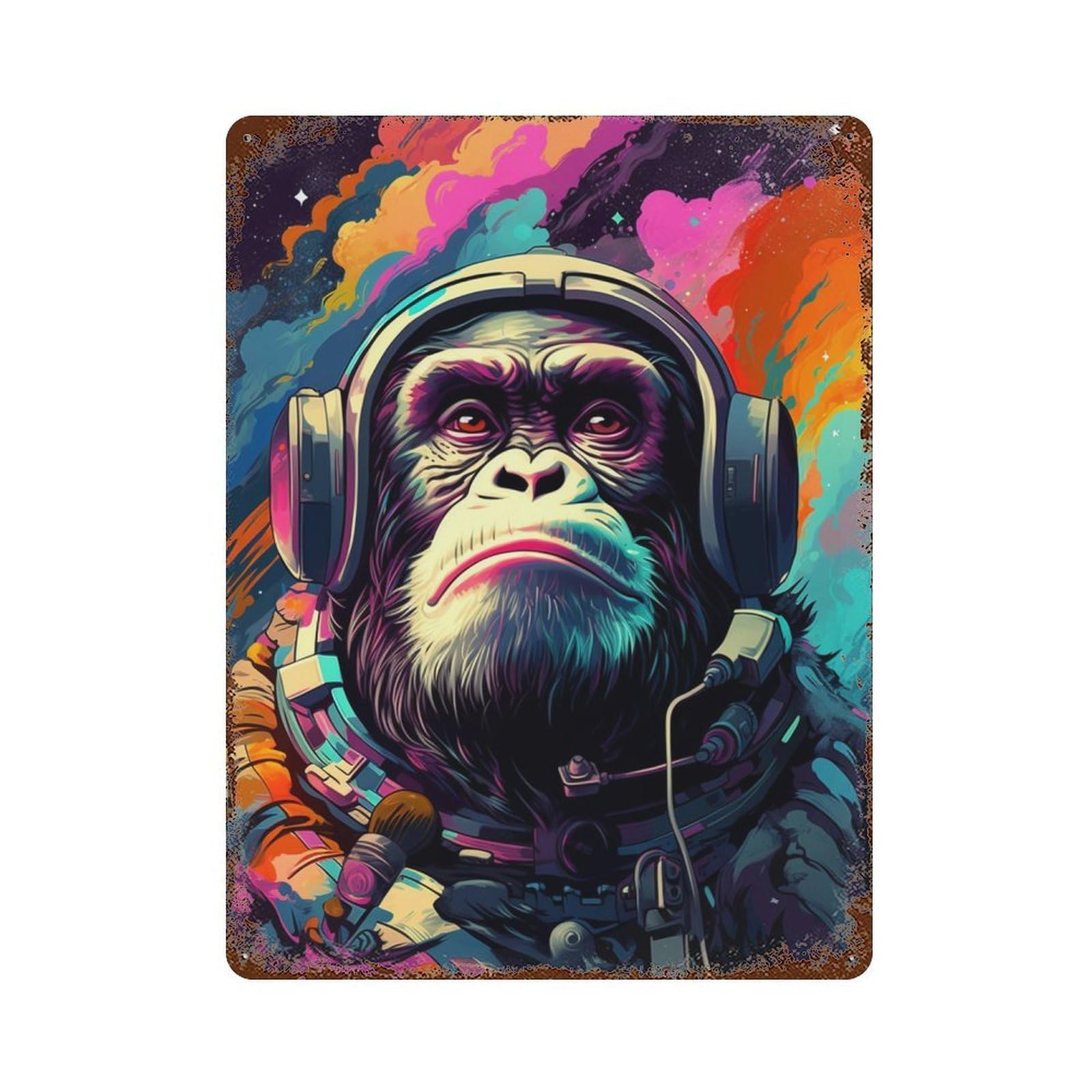 Ape Astronaut in Space Suit-3 Aged Metal Wall Plaque 15.7"x11.8", Industrial Home Decor for Garage, Pub Or Kitchen