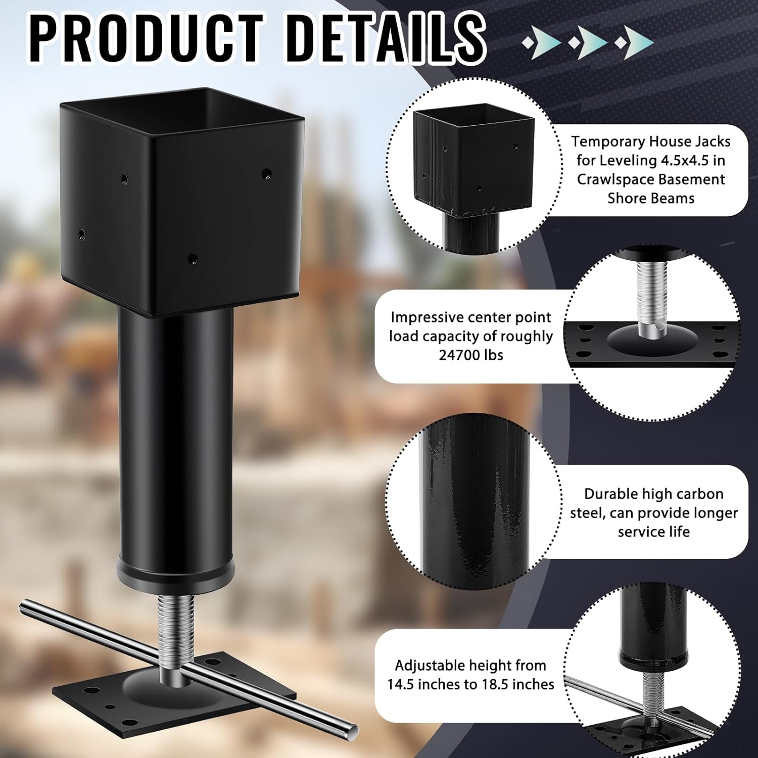 Lasnten 2 Pcs 4.5x4.5 Screw Jack Post 14.5" - 18.5" Height Range 24700 lbs Load Capacity Adjustable Temporary House Jacks for Leveling Flooring Basement Shore Beams Foundation Repair(Black)