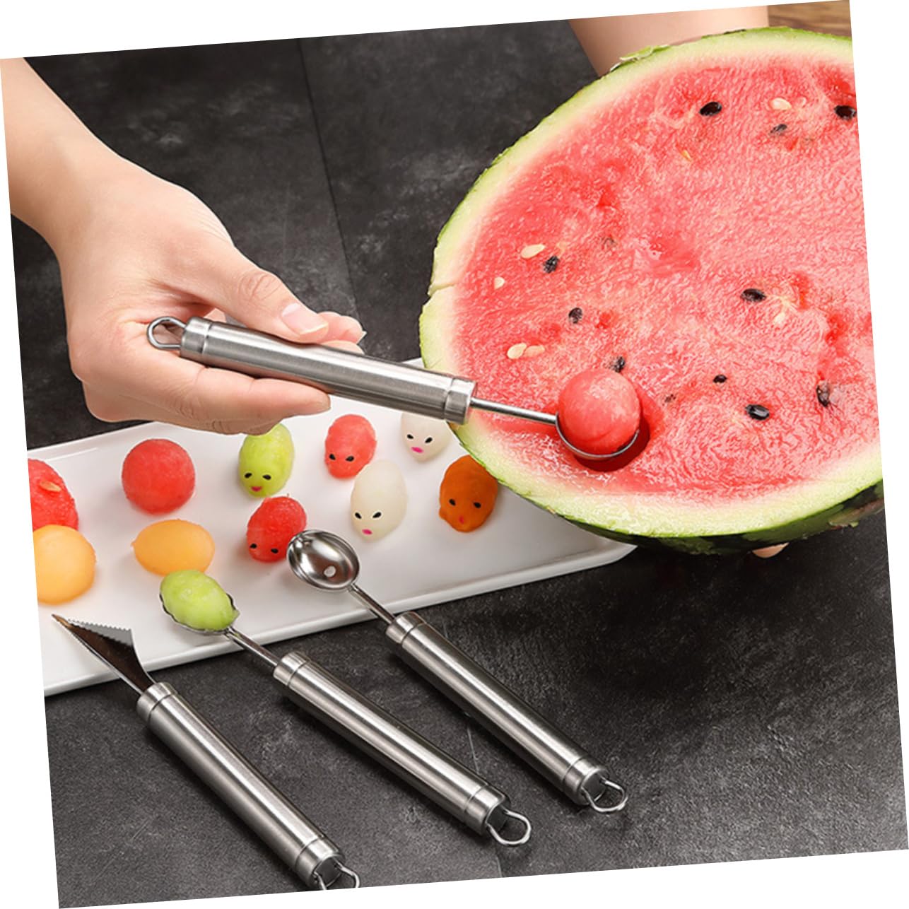 COLLBATH 4 Stück Melonenlöffel aus Edelstahl mit Schnellem Ausstechen und Schöner Form für Obst und Eiskugeln in Küche