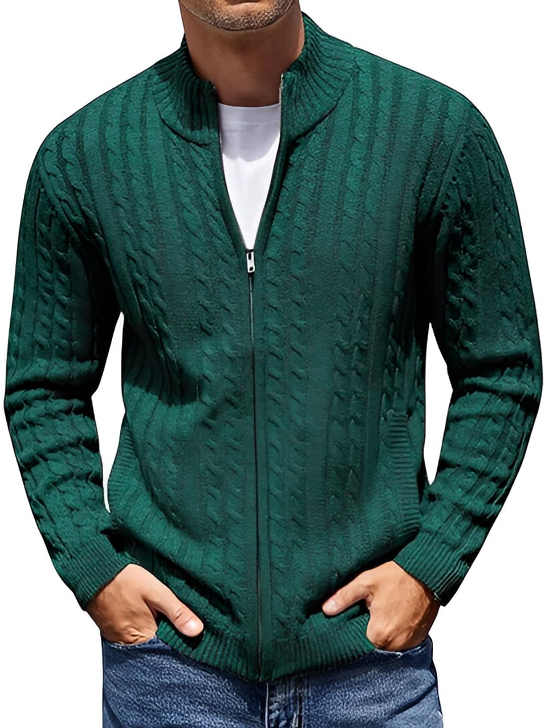 tysort Men's Cotton Full Sleeve High Neck Full Zipper Sweater for Men, Cable Knitted Cardigan for Men-picture-28