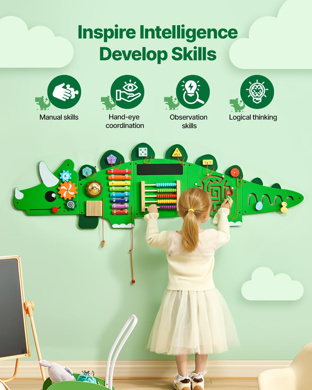VEVOR Panneaux Muraux d'Activités Dinosaure, 11 Jeux, Jouet Mural Sensoriel Montessori pour Enfants 3-12 ans, Centre d'Activités d'Apprentissage, Salle de Jeux des Tout-petits, Crèche, Salle de Classe
