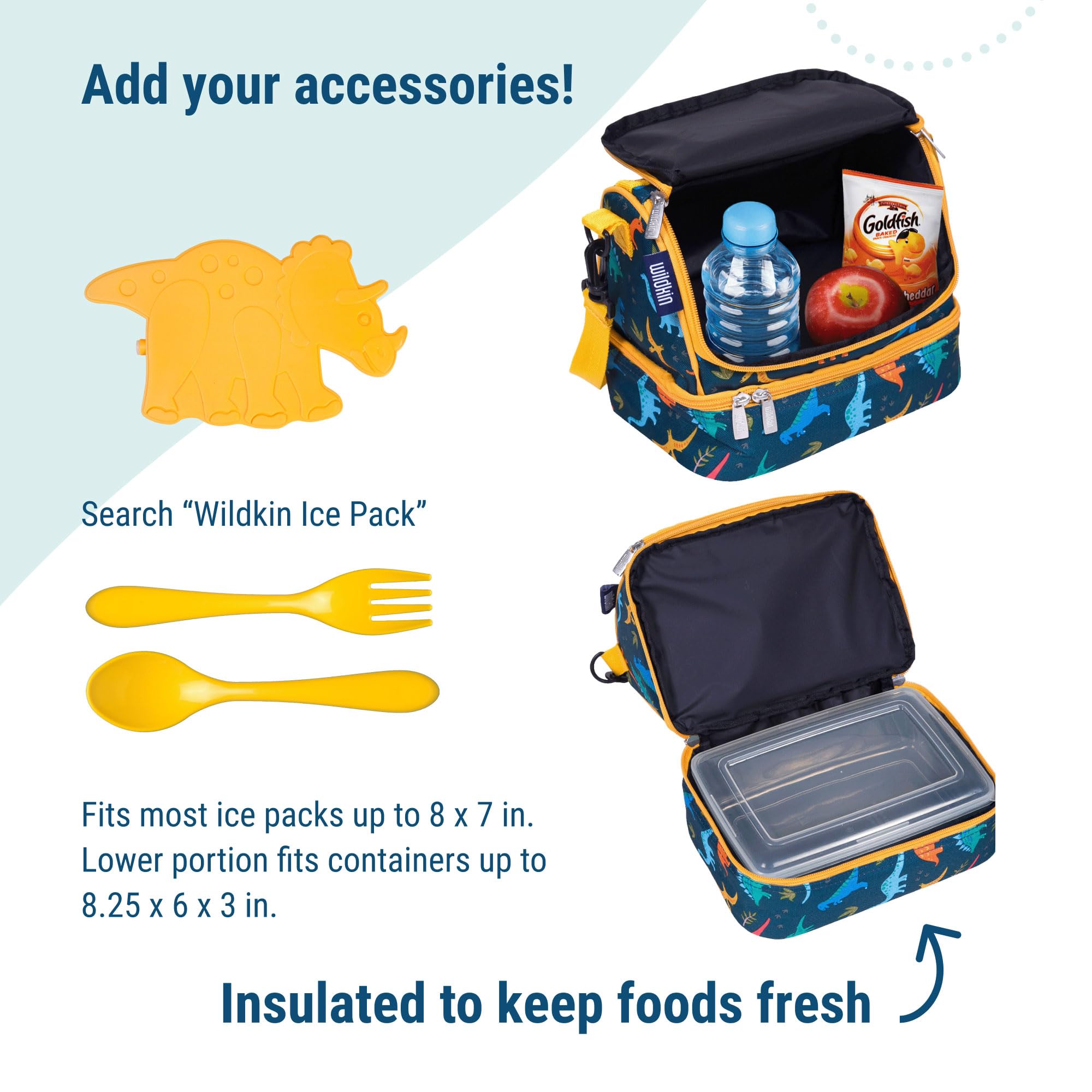 Wildkin Kids Two Compartment Insulated Lunch Bag for Boys and Girls, Perfect Size for Packing Hot or Cold Snacks for School & Travel, Measures 9 x 8 x 6 Inches, BPA-free,Olive Kids(Jurassic Dinosaurs)