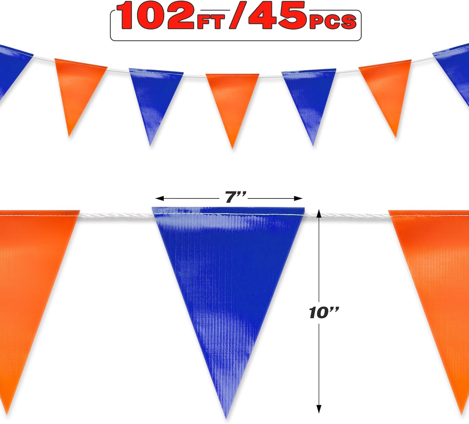 【102FT】Orange and Navy Blue Pennant Banner Fabric Triangle Flag| Heavy-Duty Outdoor | Nautical backstroke flags| OSHA 500lb Rated | Strand Fade Resistant