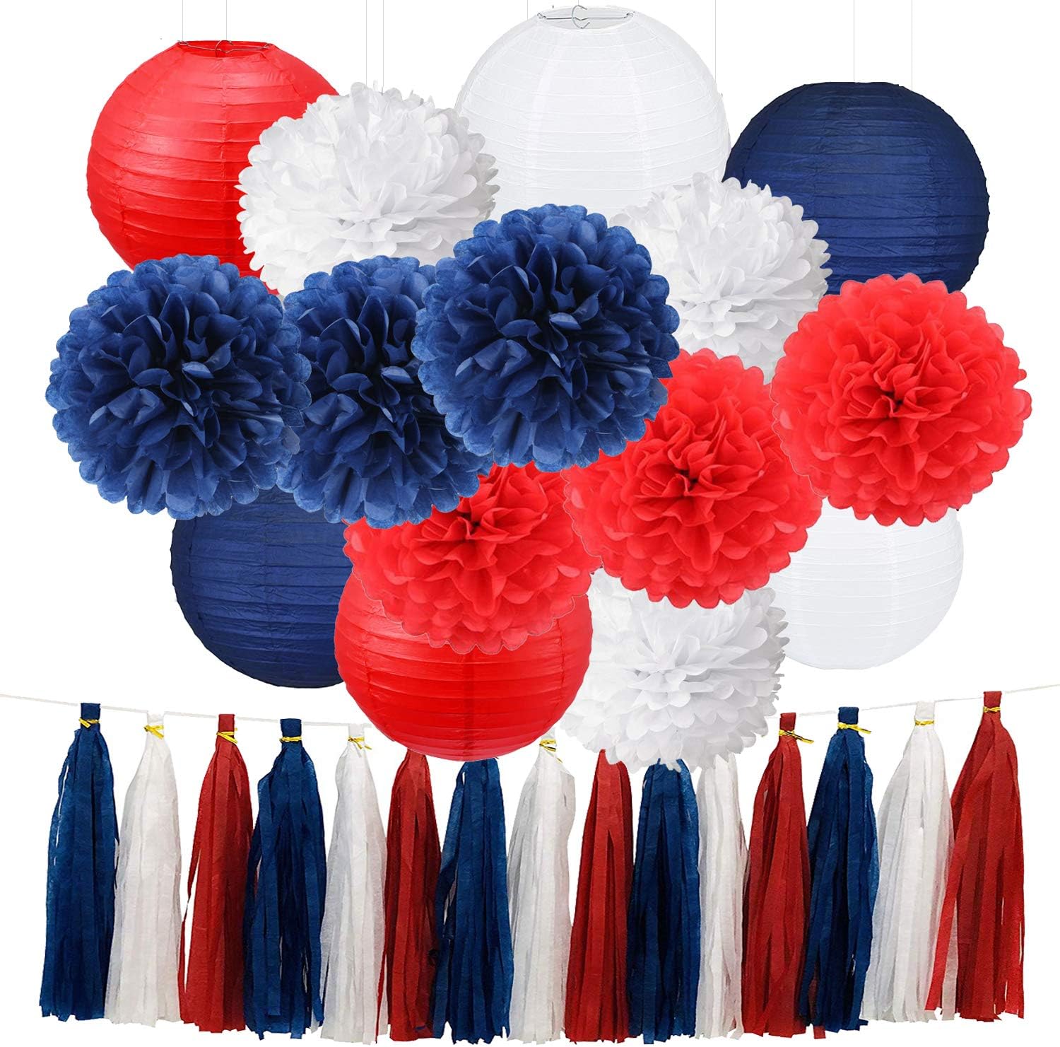 30pcs Red White Navy Blue Patriotic Tissue Paper Pom Poms Tassel Garland for 4th of July Decorations Patriotic Party Decorations Baby Shower Birthday Sail Boats Party Decorations