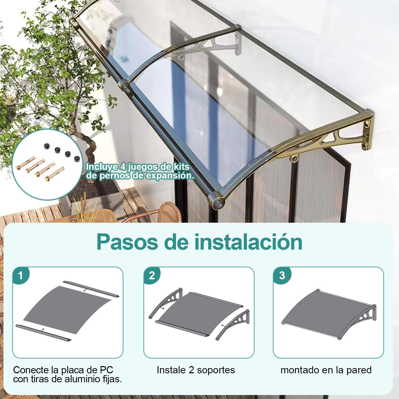 Marquesinas Exterior, Marquesina Puerta Exterior, Marquesina, Protección Solar/contra la Nieve/Lluvia, Tejadillo de Exterior para Porche/Delantero/Techo/Entrada, Instrucciones Incluidas