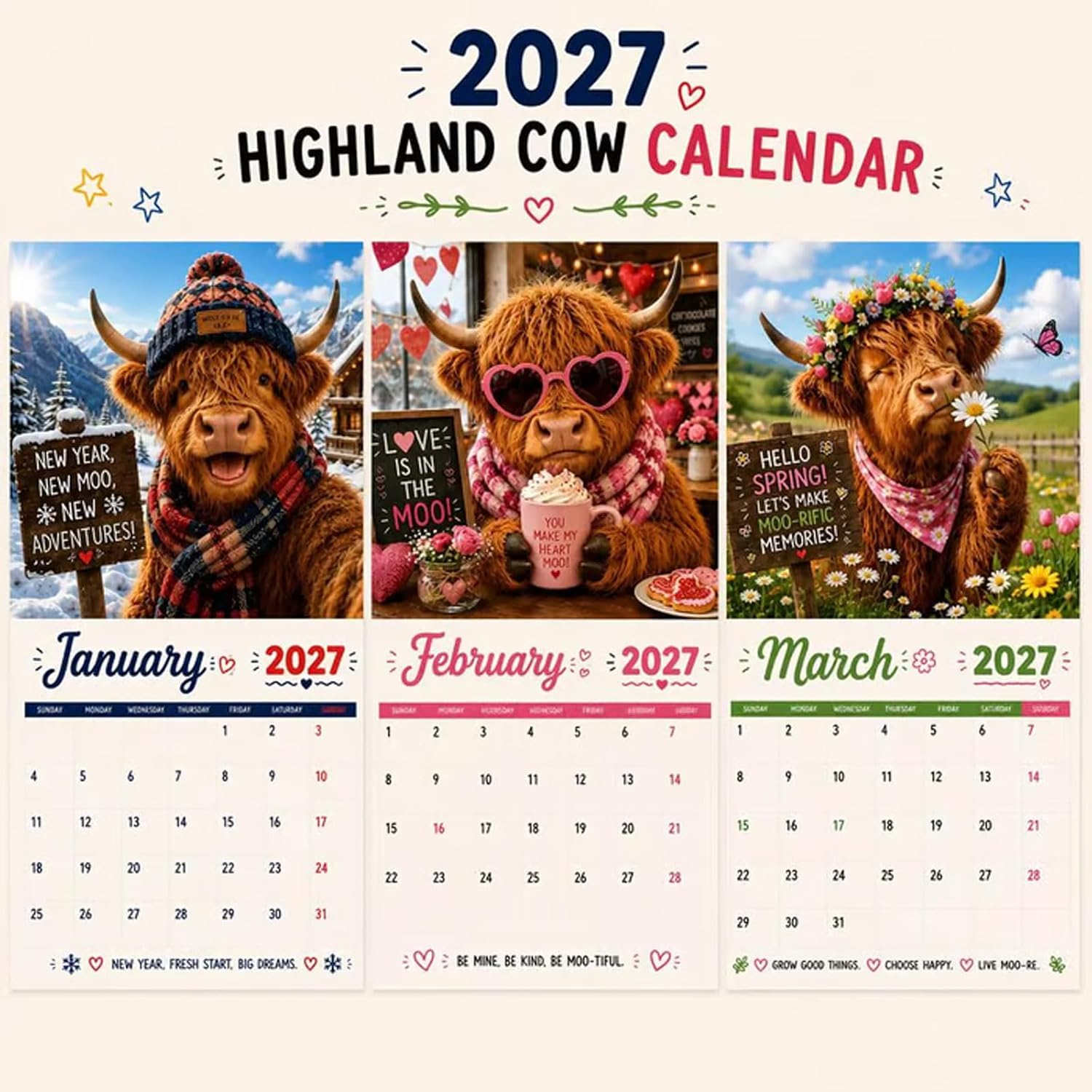 2027 Lustiger Highland Cow Wandkalender, Cartoon Highland Cow 2027 Wandkalender mit 12 Monatsdesigns | A4-Hängekalender, humorvolle Bauernhofkuh-Illustrationen, für Zuhause, Büro