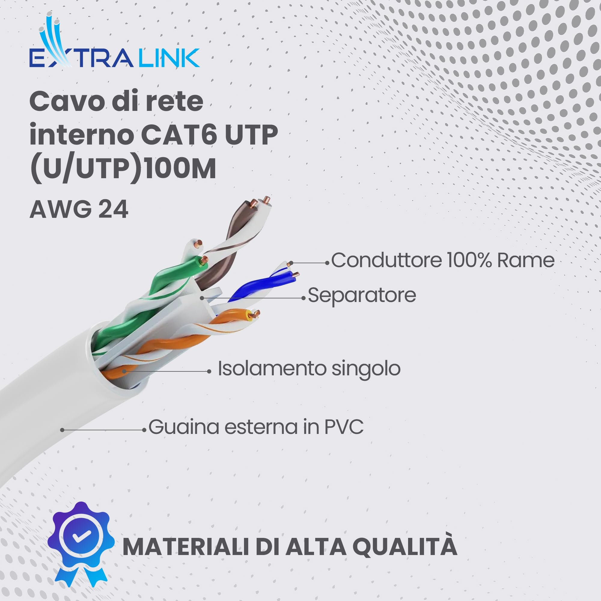 EXTRALINK Cavo Ethernet Interno 100M Cat6 U/UTP LAN AWG24 – 100% Rame Puro, Compatibile PoE, Fino a 1 Gbps, Guaina in PVC Flessibile, Facile da Installare per Reti Domestiche e Professionali