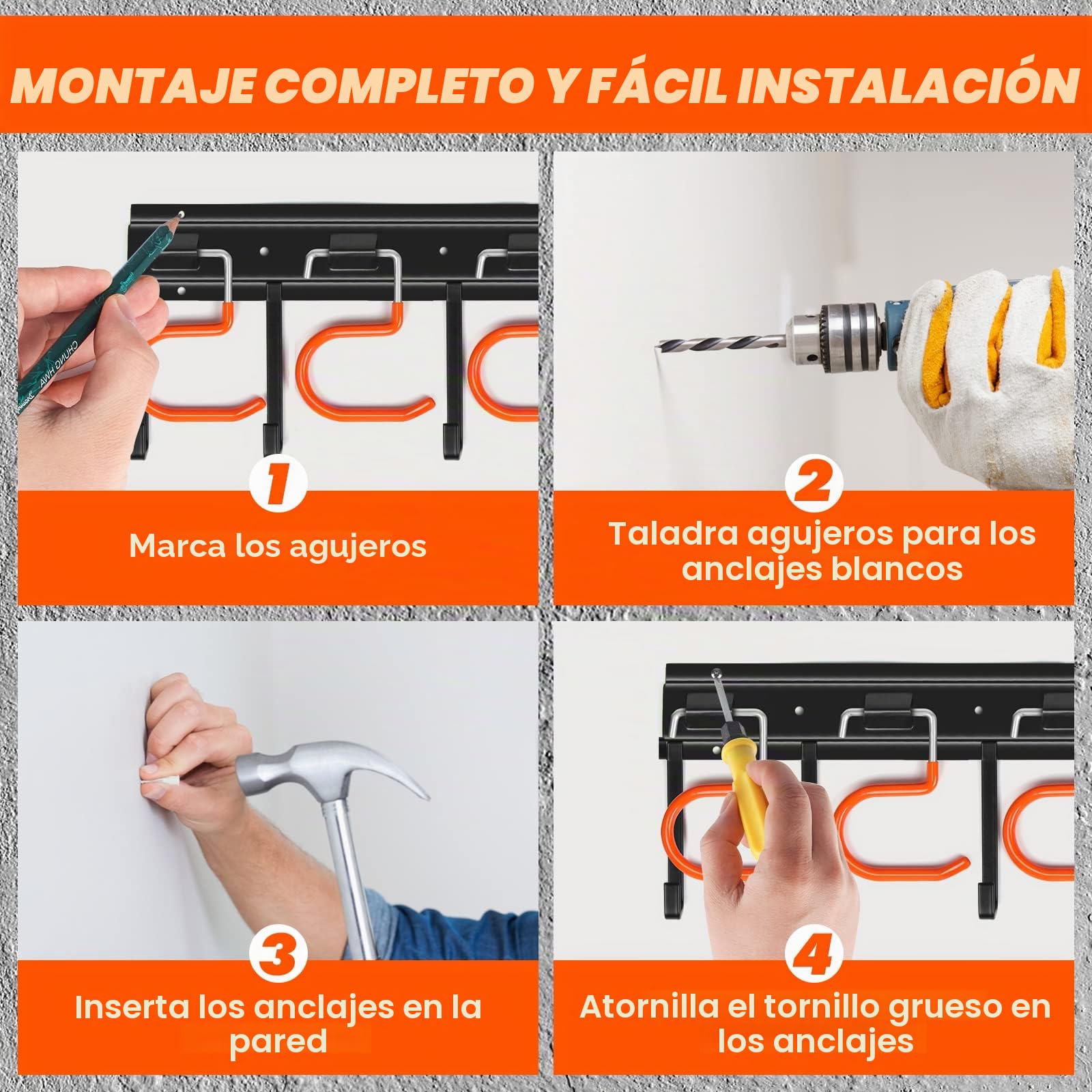 TVKB Organizador de herramientas de jardín de metal de 68 pulgadas, organizador de herramientas de garaje ajustable para montaje en pared, organizadores de garaje y almacenamiento con ganchos