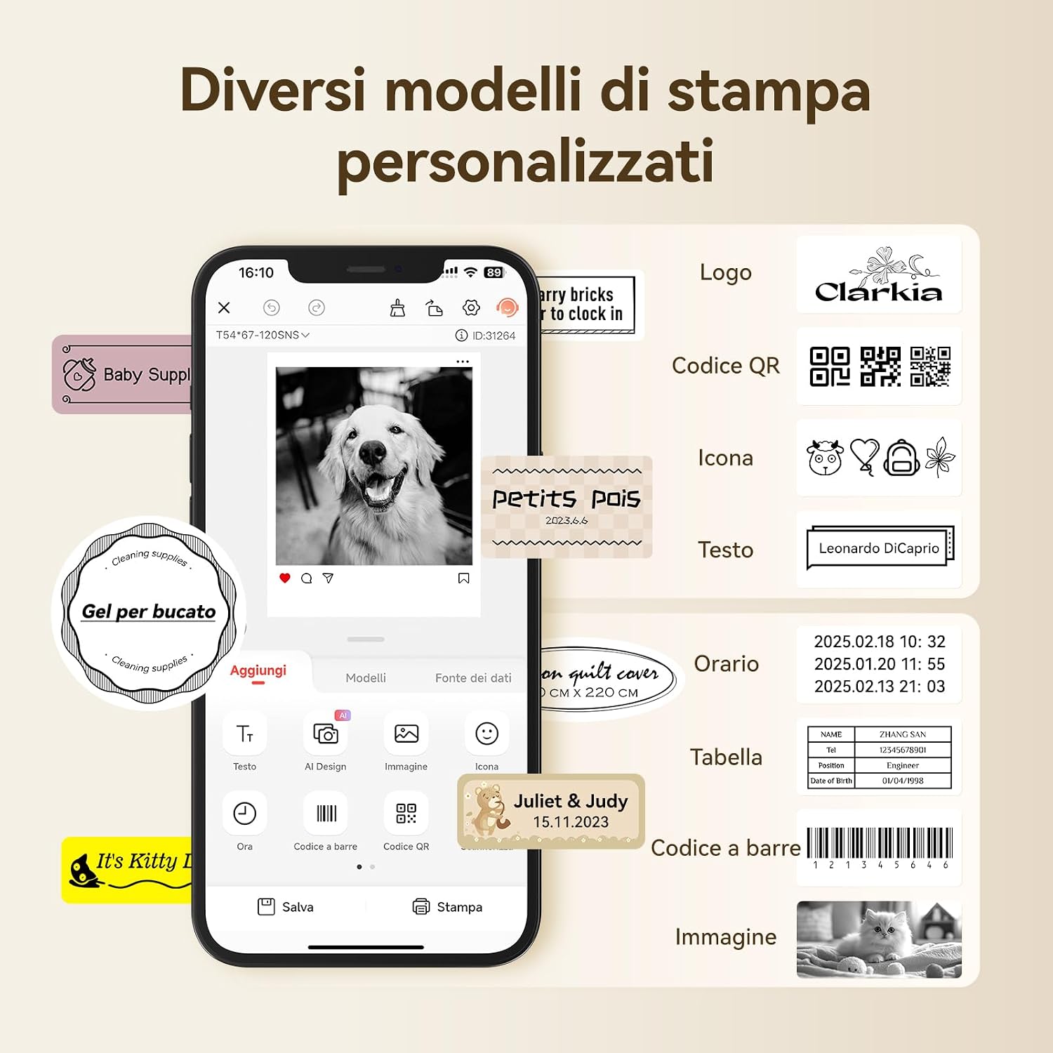 NIIMBOT app interface showing various customization options for labels including text, QR codes, icons, images, and tables.