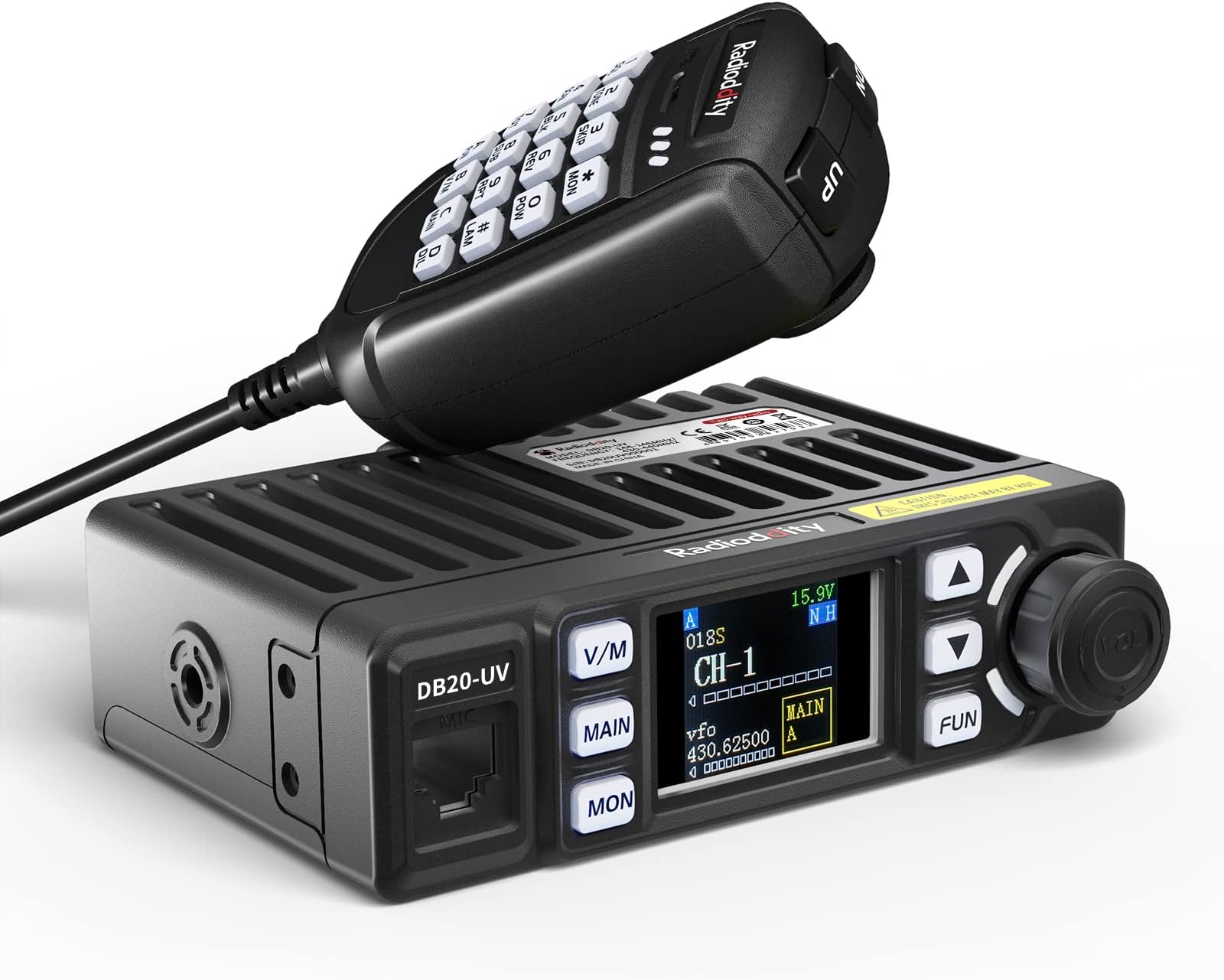 Radioddity DB20-UV UHF/VHF FM Dual Band Mobile Radio for Car and Truck, 20W Two-Way Radio with Long Range and Cigarette Lighter Plug, 500 Memory Channels, VOX, Display Sync