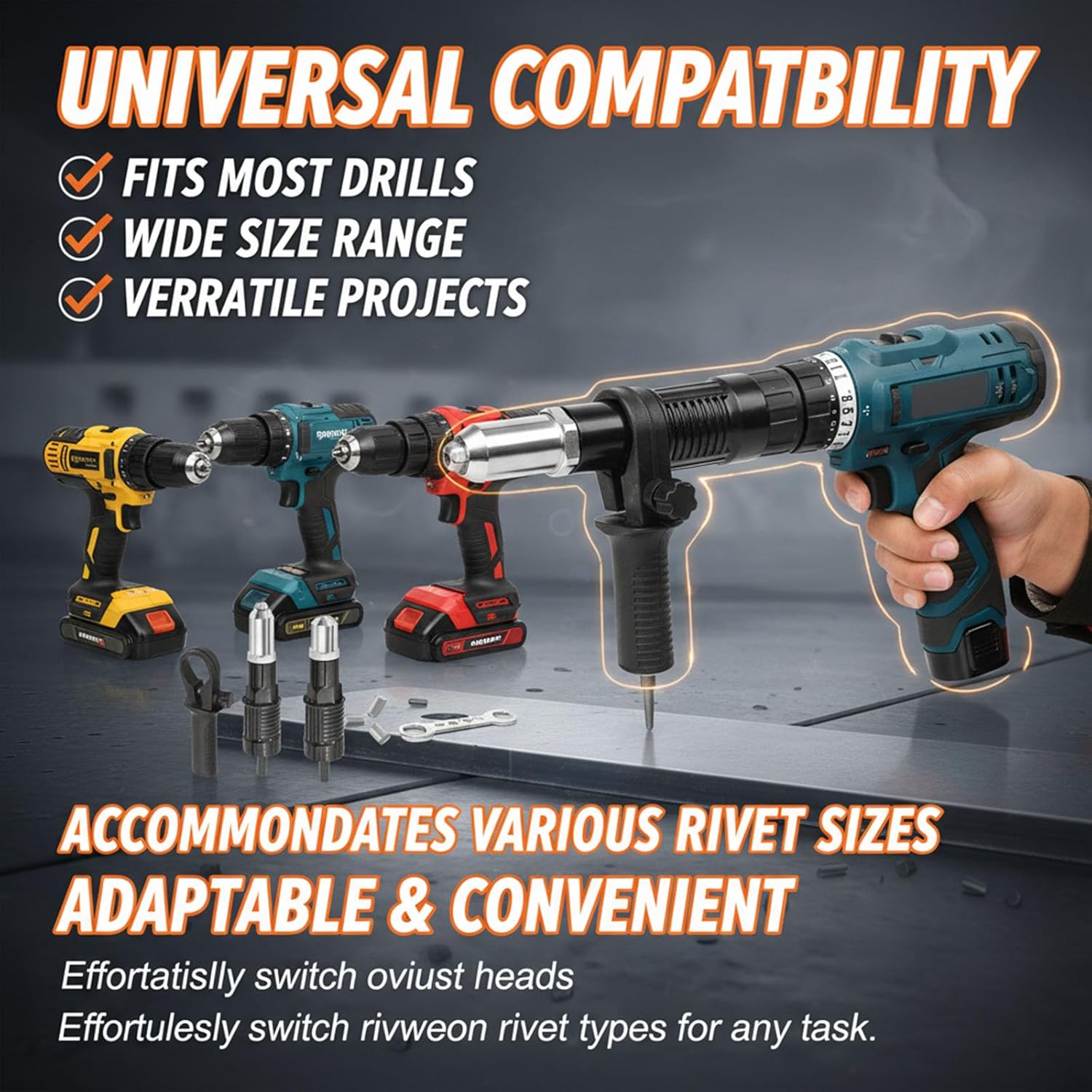 Professional Electric Rivet Gun Adapter Kit, Pro-Grade Electric Rivet Gun Adapter with Removable Handle 4 Rivet Heads for Cordless Screwdrivers and Drills Turn Your Drill into a Riveting Beast (2PCSS)