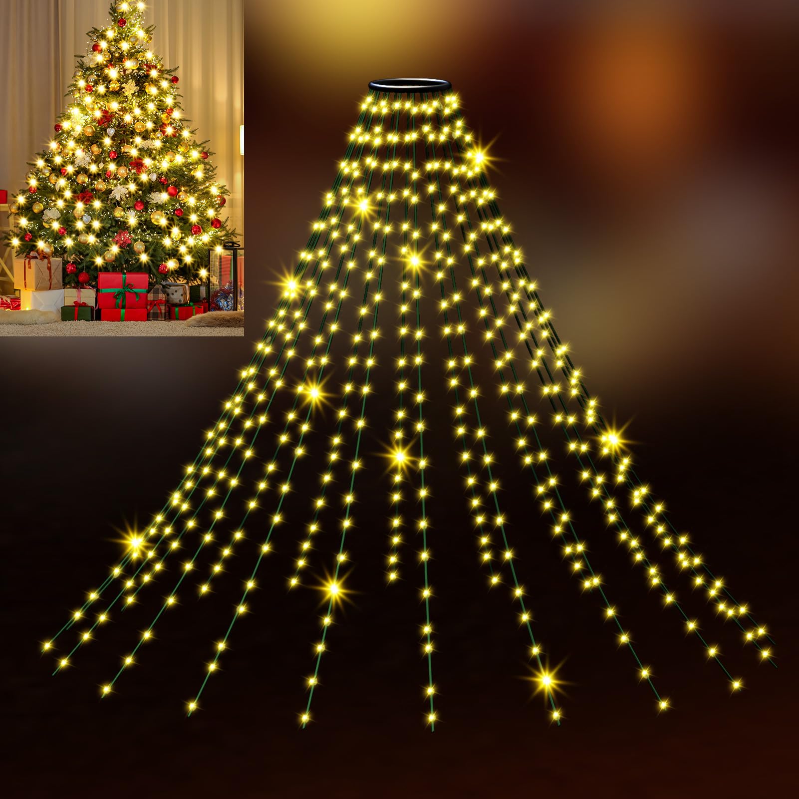 Uping Luci Albero di Natale Luci Natale Esterno a Cascata 400 LED 2m x 20 Fili Luci di Natale da Esterno Interno Luci Led per Albero di Natale Bianco Caldo con 8 Modalità Funzione Timer