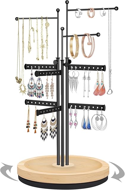 penobon Jewellery Organizer Stand with Wood Base, Height-Adjustable Jewellery Stand, Metal Jewellery Organizer Display Tower for Earrings, Necklaces, Bracelets and Rings (Black)