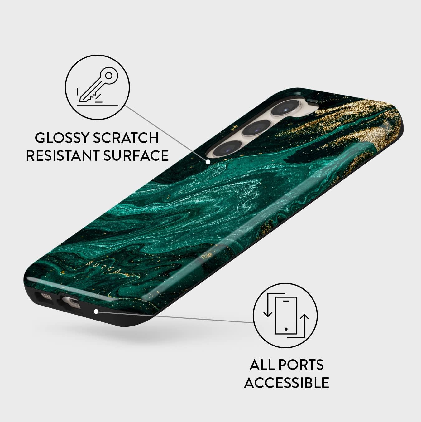 BURGA Phone Case Compatible with Samsung Galaxy S23 - Hybrid 2-Layer Hard Shell + Silicone Protective Case -Emerald Green Jade Stone Luxury Gold Glitter Marble - Scratch-Resistant Shockproof Cover