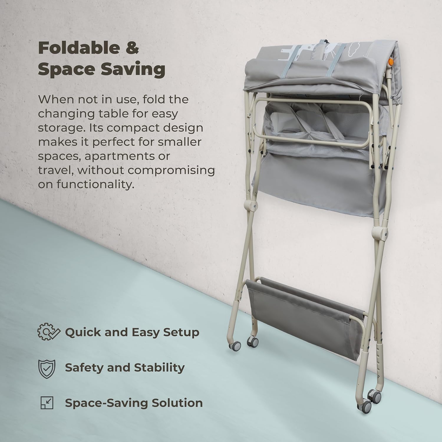 Mesa for cambiar pañales con ruedas – Unidad de altura ajustable de 5 niveles con estantes de almacenamiento – Estación, ergonómica y respetuosa con la espalda for recién nacidos