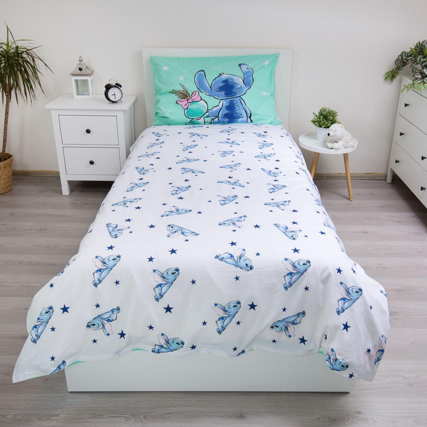 Stitch Buddies Pościel 140x200 + Poszewka 100% Bawełna Pokój Dziewczynki | Odwracalna pościel jednoosobowa | Bawełna naturalna oddychająca Oeko-Tex | Lilo & Stitch | Nastolatki | Do prania w pralce