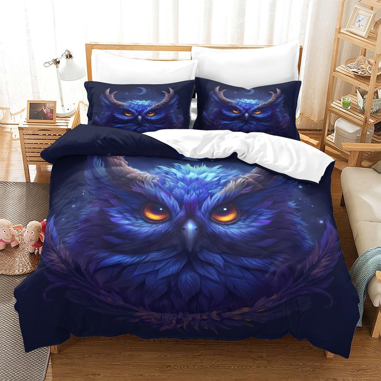 P1S9U7W5Y Mystic Night 3D Printed Owl Duvet Cover Set 3 Pieces Microfiber Bedroom Decor Owl Bedding Set for Adults Soft Gift Super king（260x220cm）