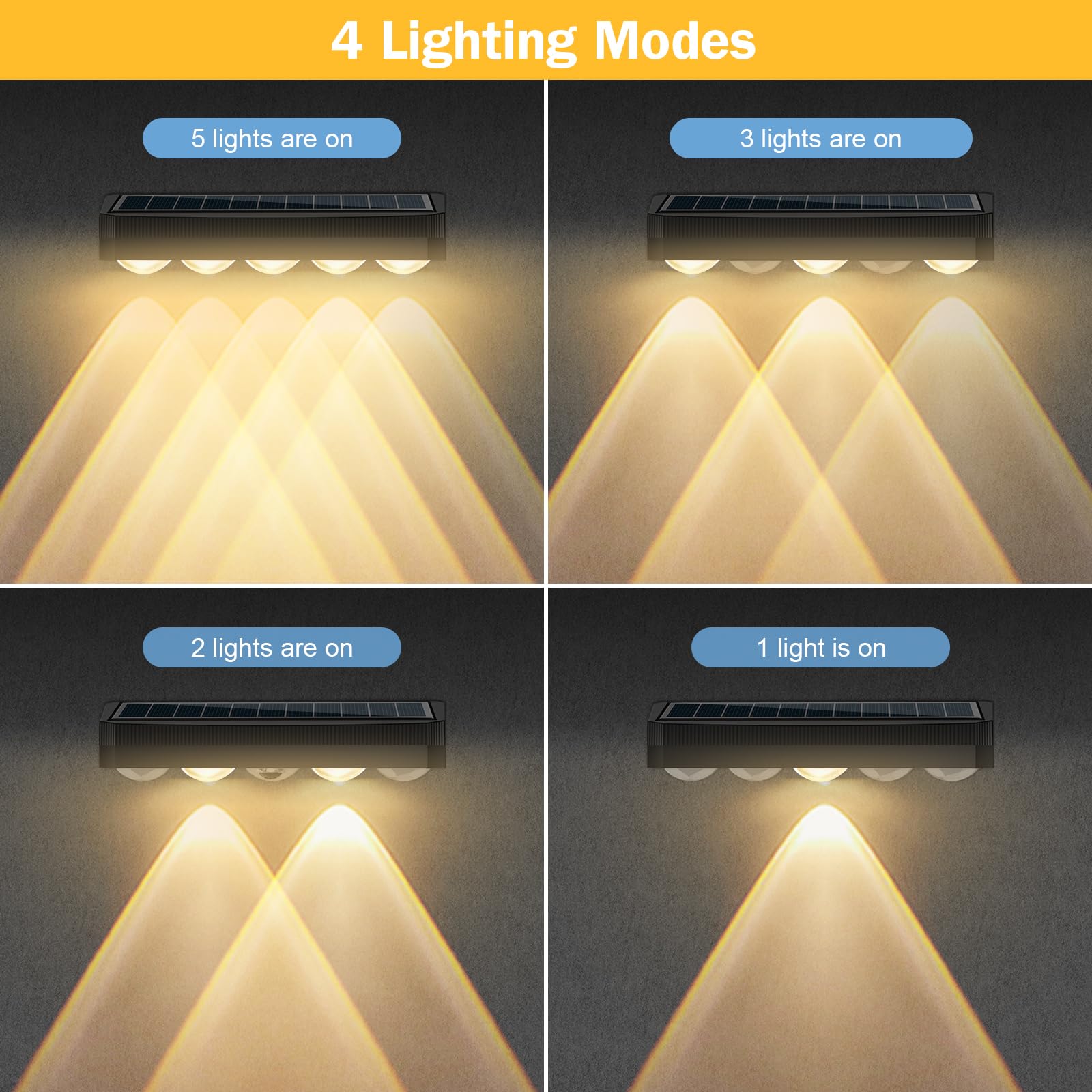 Luci solari a LED da parete, adatte per uso esterno, impermeabili, con 3 modalità di illuminazione e più livelli di intensità per recinzioni, scale esterne, gradini e portici (4 pezzi).