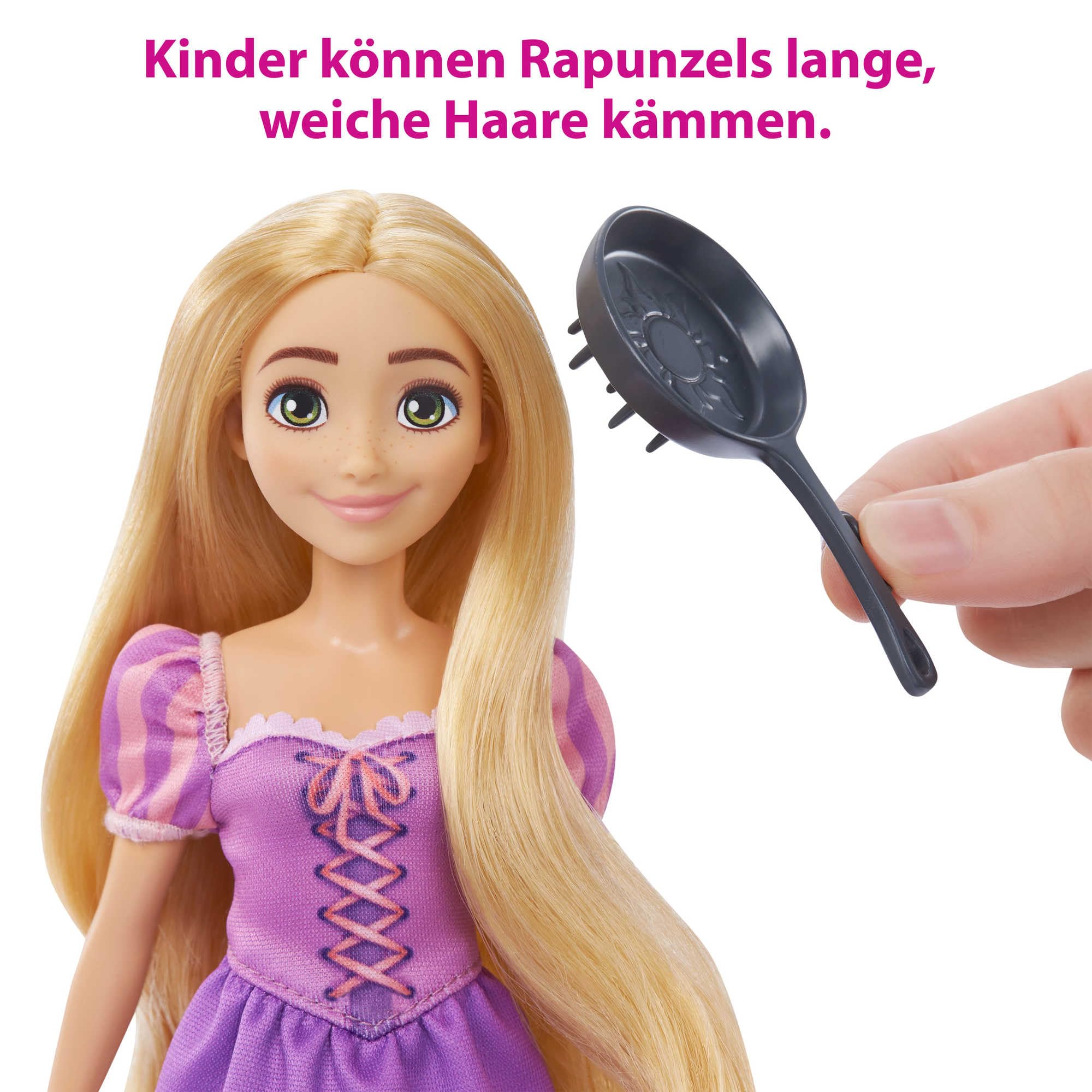 Mattel DISNEY PRINZESSIN Rapunzel & Maximus - Puppe und Pferd mit abnehmbarem Sattel und Zügeln, inklusive Pascal-Figur und Bratpfannen-Bürste für Frisuren-Spaß, HLW23