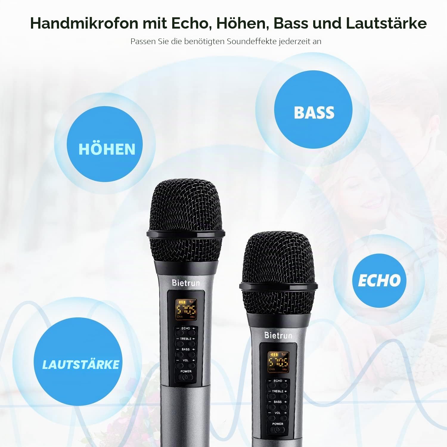 Bietrun Kabellose Mikrofone mit Echo, Höhen, Bass und Bluetooth, 49 m Reichweite, tragbares UHF-Handheld-Karaoke-Dynamic-Mikrofonsystem mit wiederaufladbarem Empfänger für Karaoke, Gesang, Verstärker