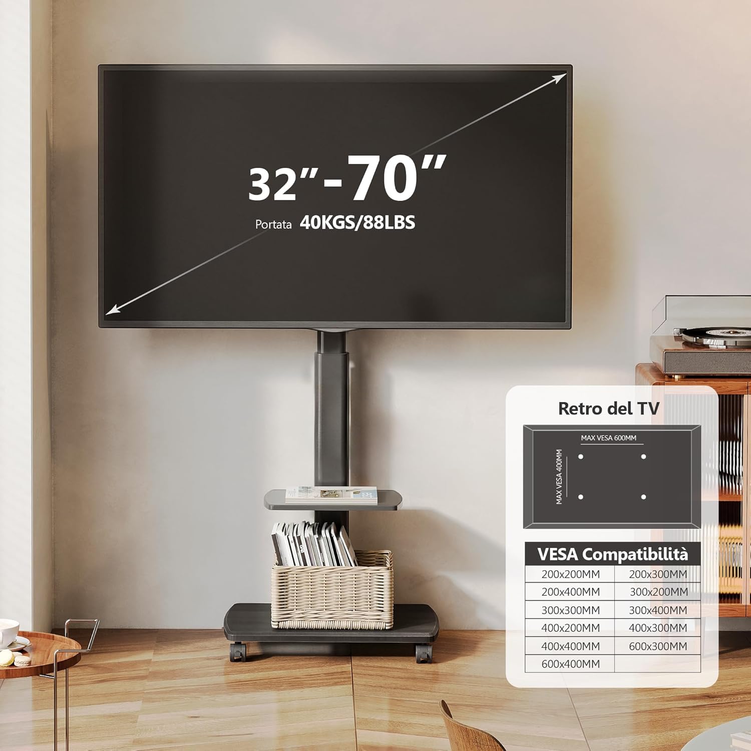 FITUEYES Supporto da pavimento per TV, con ripiano in legno, supporto per TV, con ruote, regolabile in altezza, per schermo piatto da 32 a 70 pollici, fino a 40 kg, VESA max. 400 x 600 cm